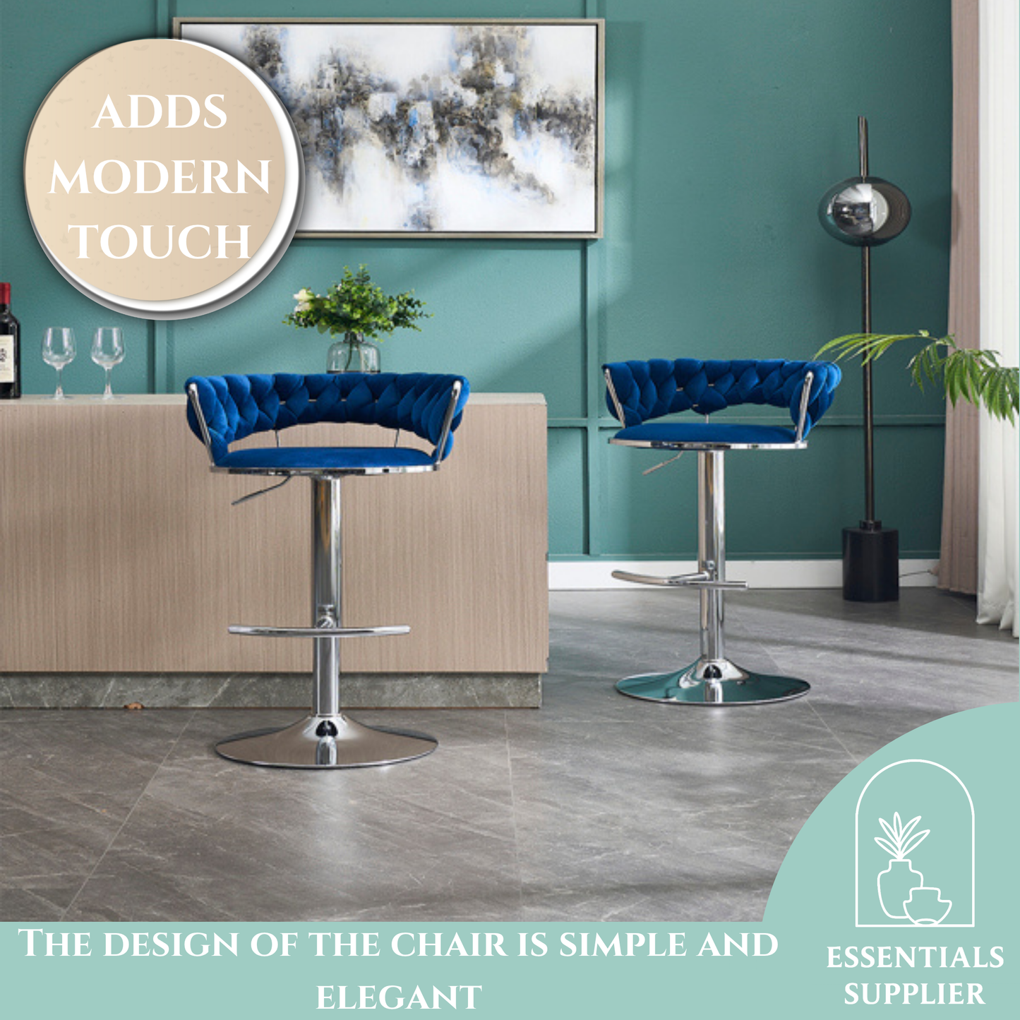 Set of 2 Blue Velvet Bar Stools with Chrome Base & Swivel Adjustable Height