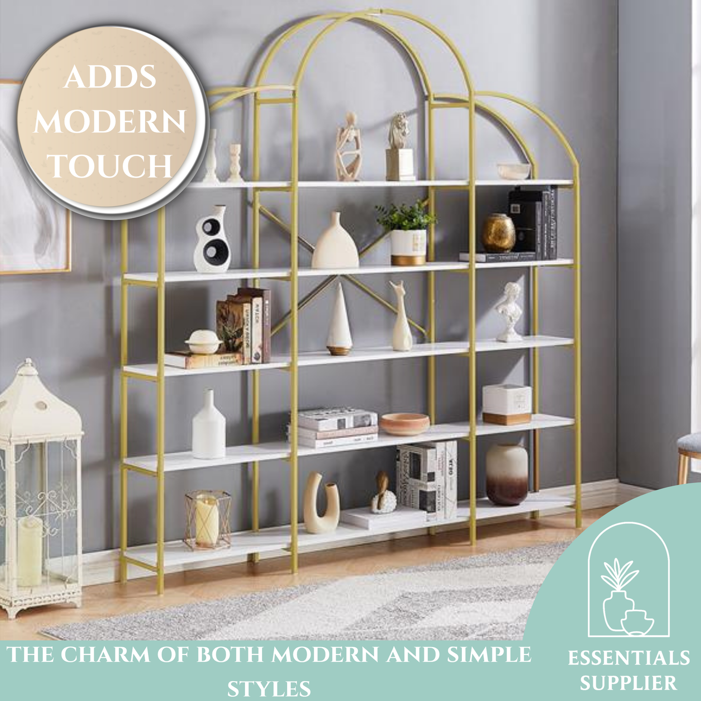 74.8" 5-Tier Bookshelf with Round Top, Gold Frame & X-Bar, Office Display Shelf