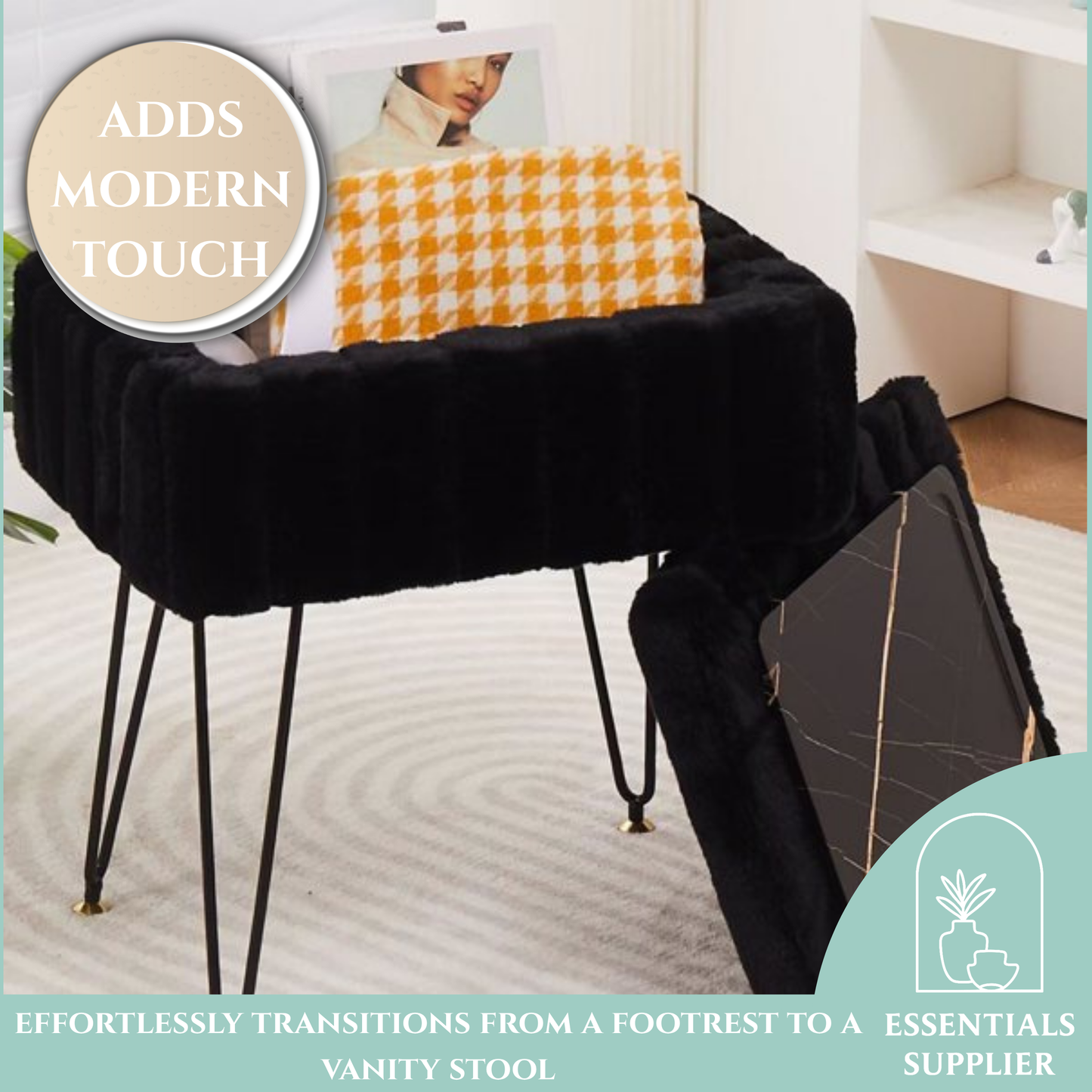 Faux Fur Ottoman with Storage – Vanity Stool & Footrest for Bedroom, Black