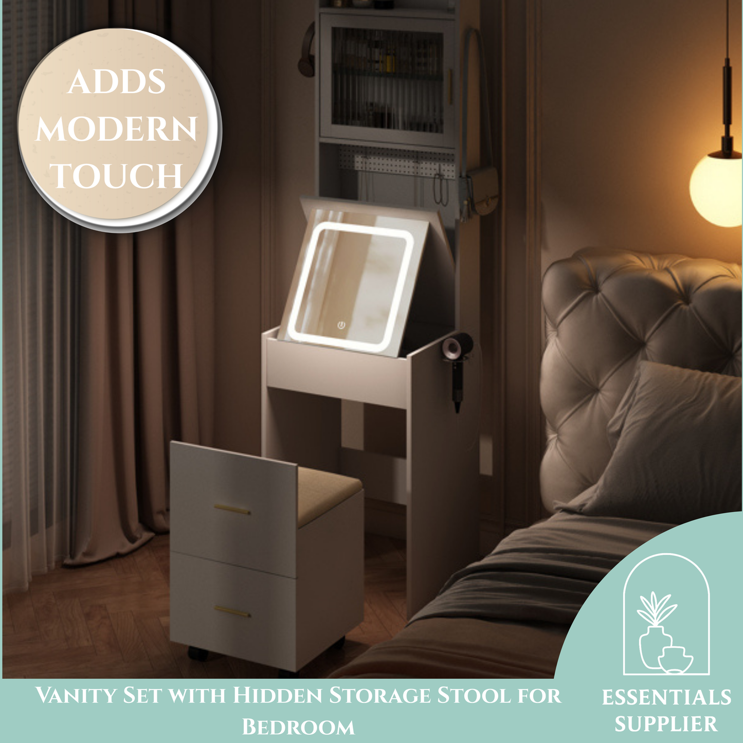 Compact Vanity Desk with Mirror, LED Lights, Charging Station & Stool, White