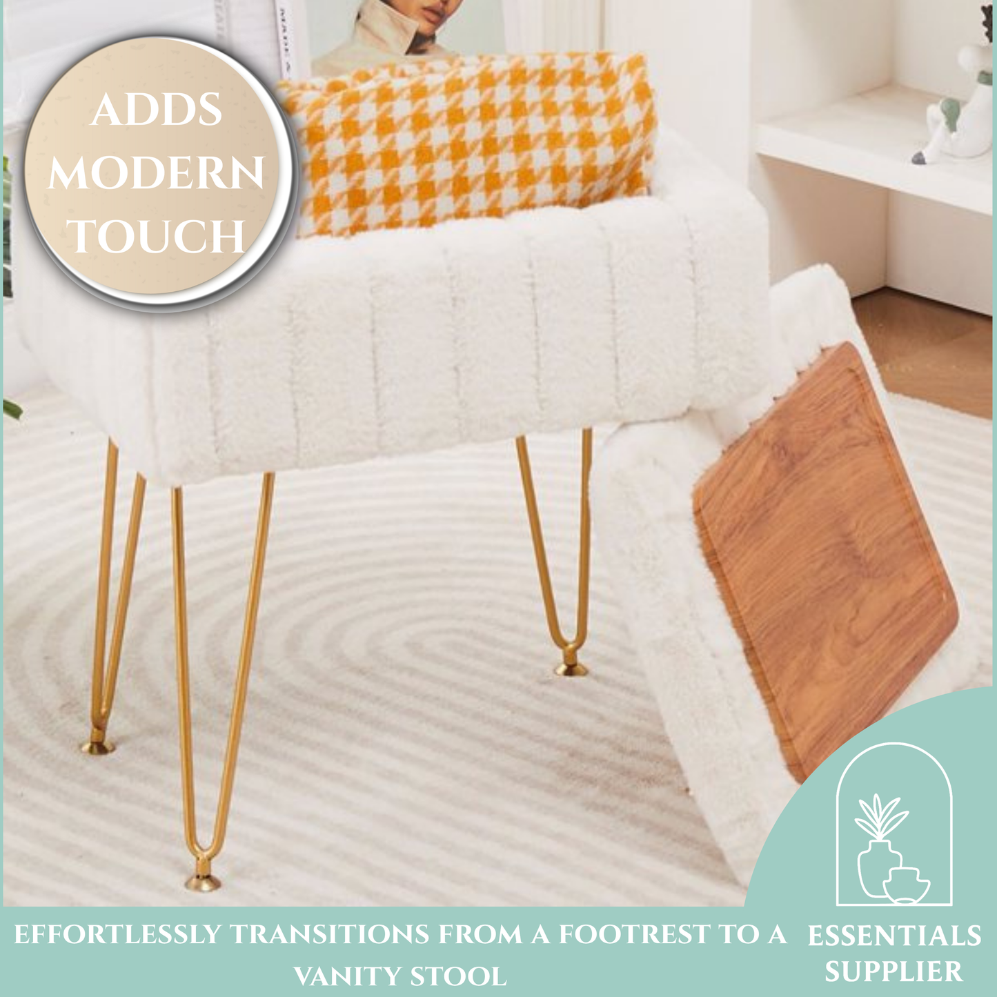 Faux Fur Ottoman with Storage – Vanity Stool & Footrest for Bedroom, Cream