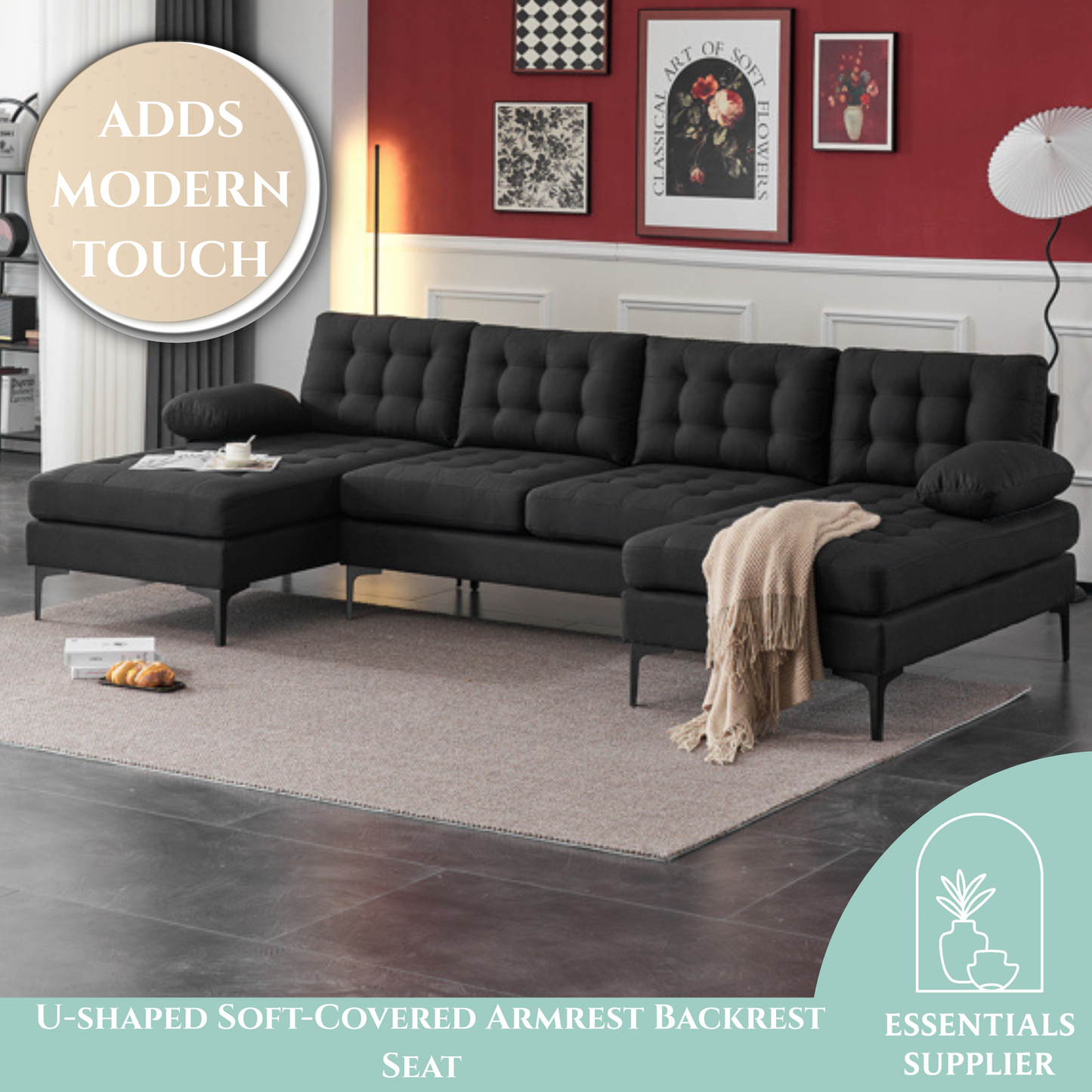 U-Shaped Sectional Sofa – Black Upholstery, Wooden & Iron Frame with Black L