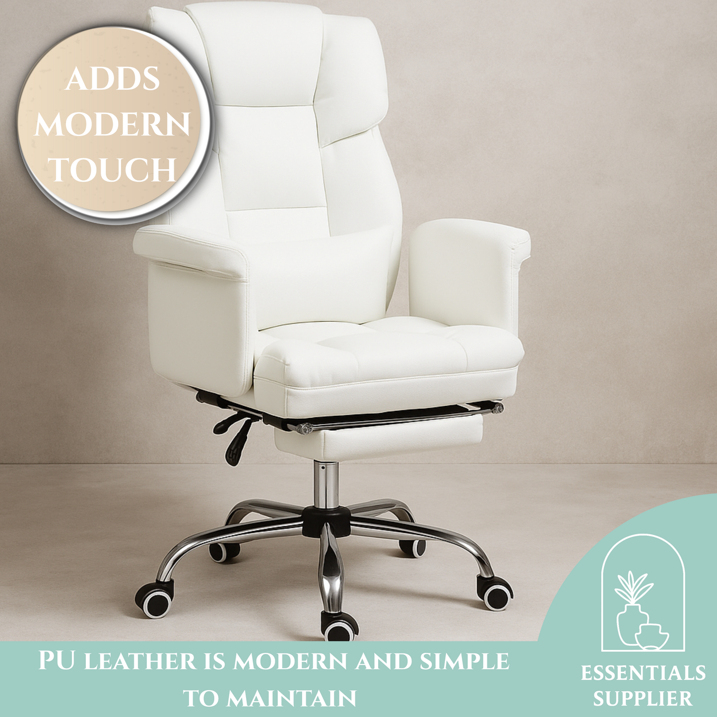 White Massage Office Chair with Reclining Back, Footrest & PU Leather Finish