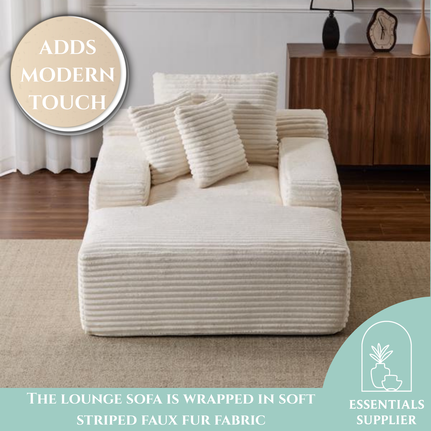 Oversized Chaise Lounge Chair – Plush Corduroy Cloud Couch with 3 Pillows, White