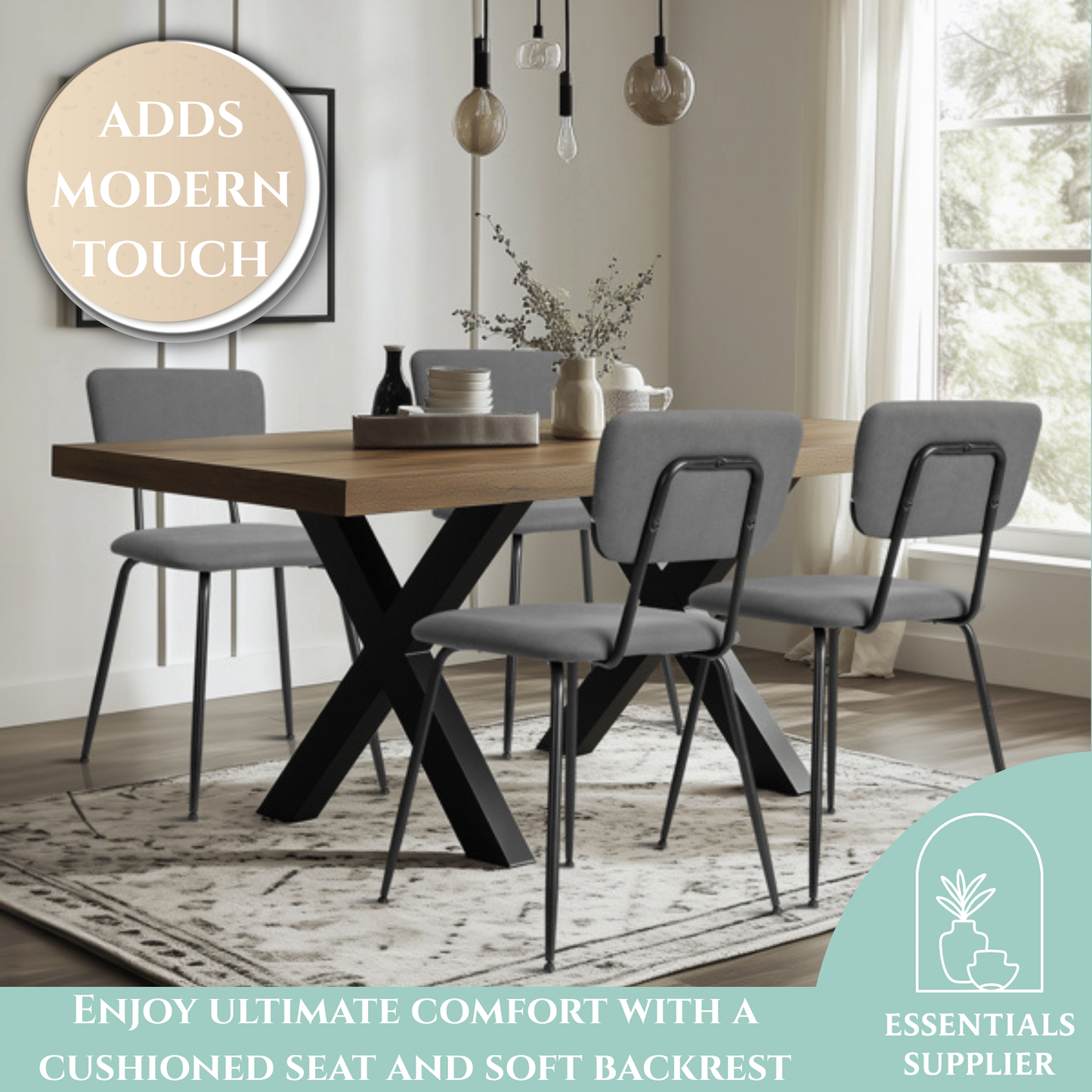 Set of 4 Modern Grey Padded Dining Chairs for Kitchen, Bar & Office Use