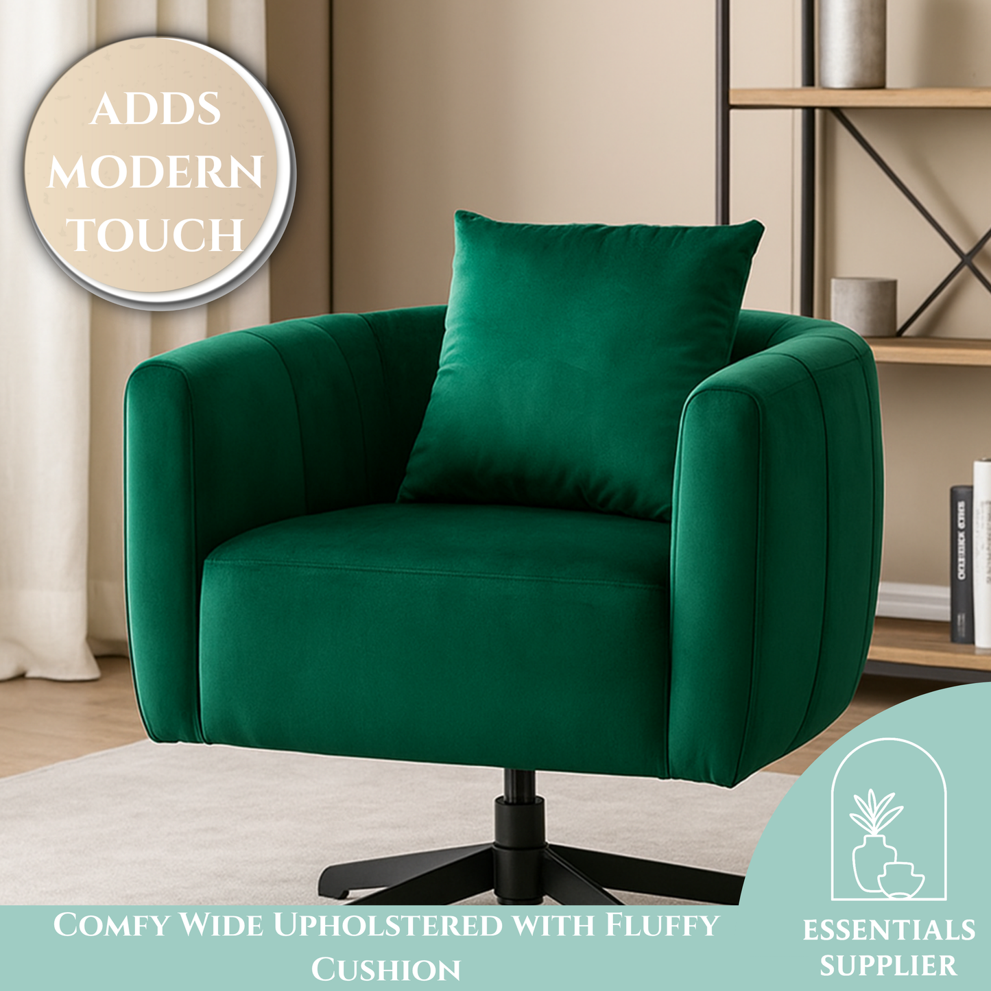 360° Swivel Velvet Accent Chair with Fluffy Cushion – Green