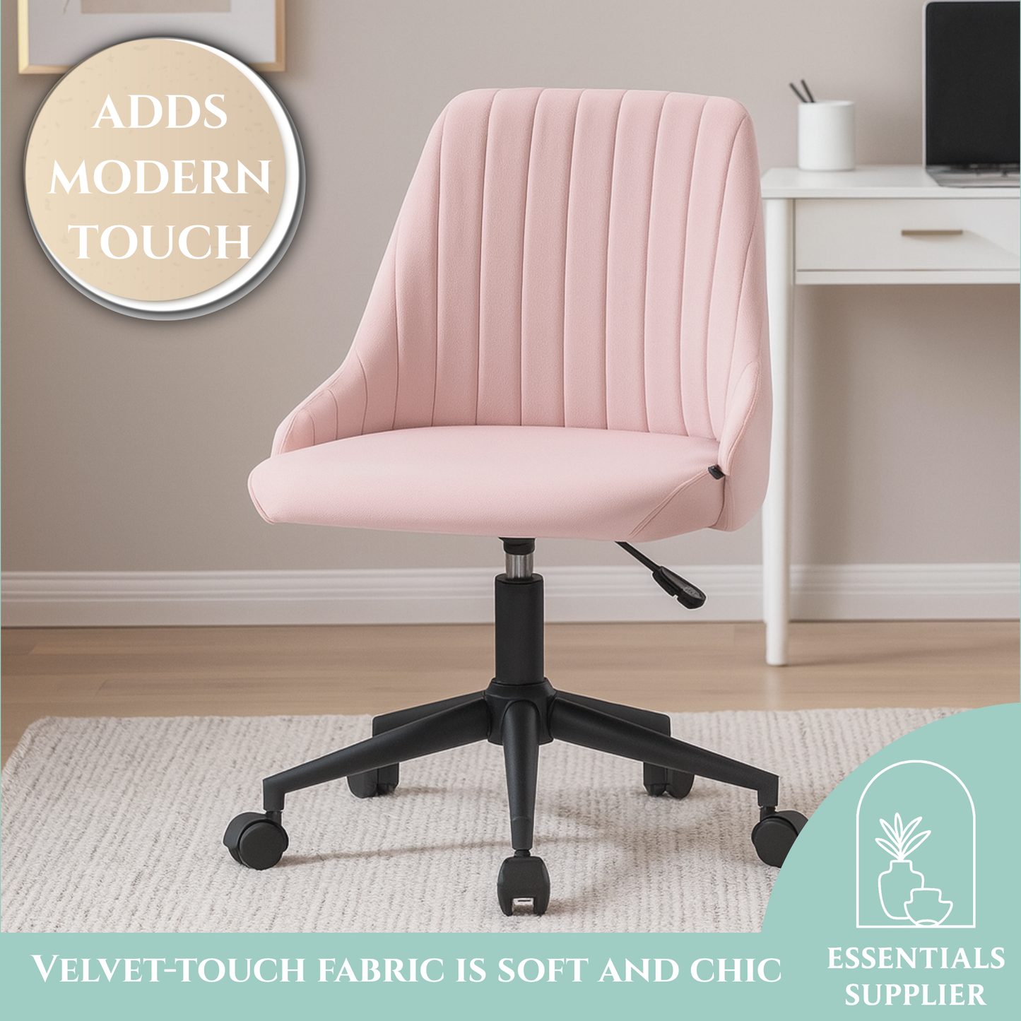 Pink Velvet Scallop Swivel Office Chair – Adjustable Height & Chic Design
