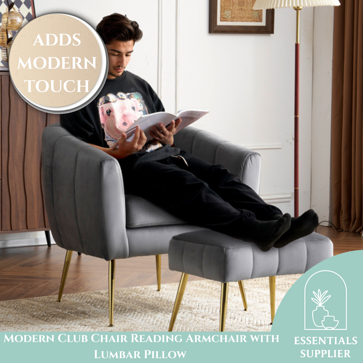 Velvet Barrel Chair with Ottoman & Lumbar Pillow – Gray Accent Set