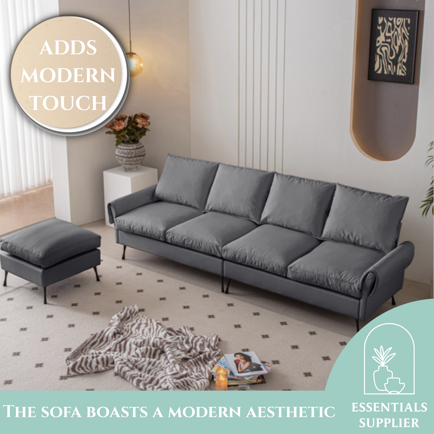 104.5" Modern L-Shaped Tech Leather Sofa with Convertible Ottoman