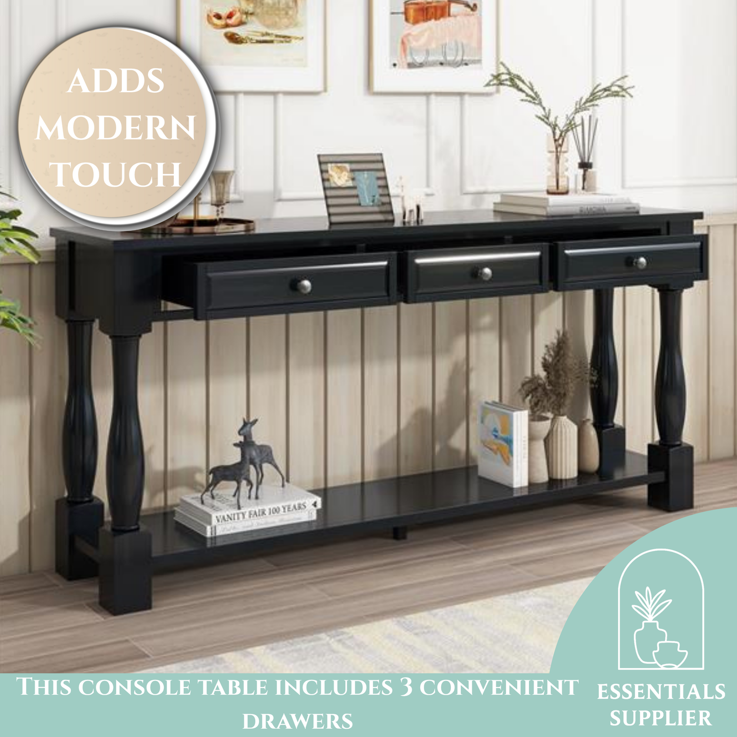 63" Black Console Table with Drawers & Shelf for Entryway, Hallway, Living Room