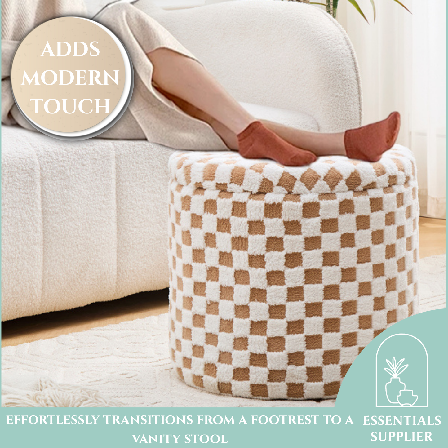 Round Brown Faux Fur Ottoman with Storage – Footrest for Bedroom or Vanity