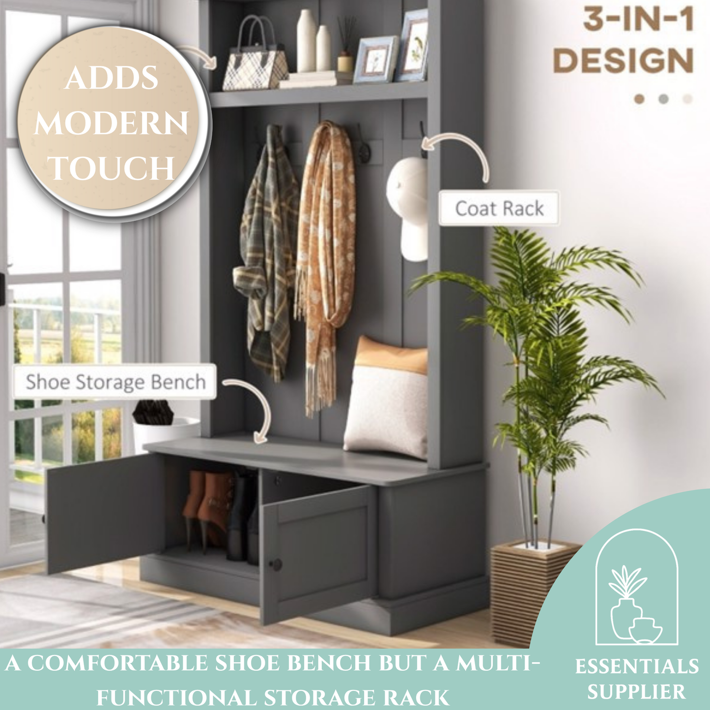 Gray Entryway Hall Tree with Storage Cabinet, Bench & Coat Rack