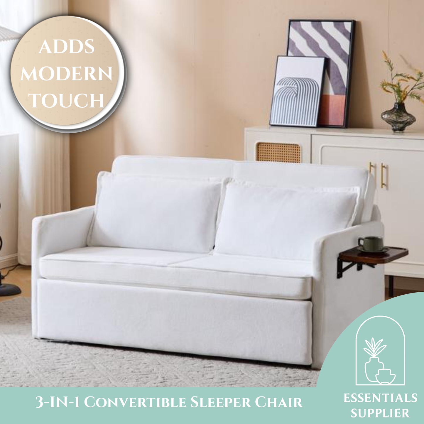 3-in-1 Sleeper Chair Bed with Tray & USB, Convertible Sofa in, White