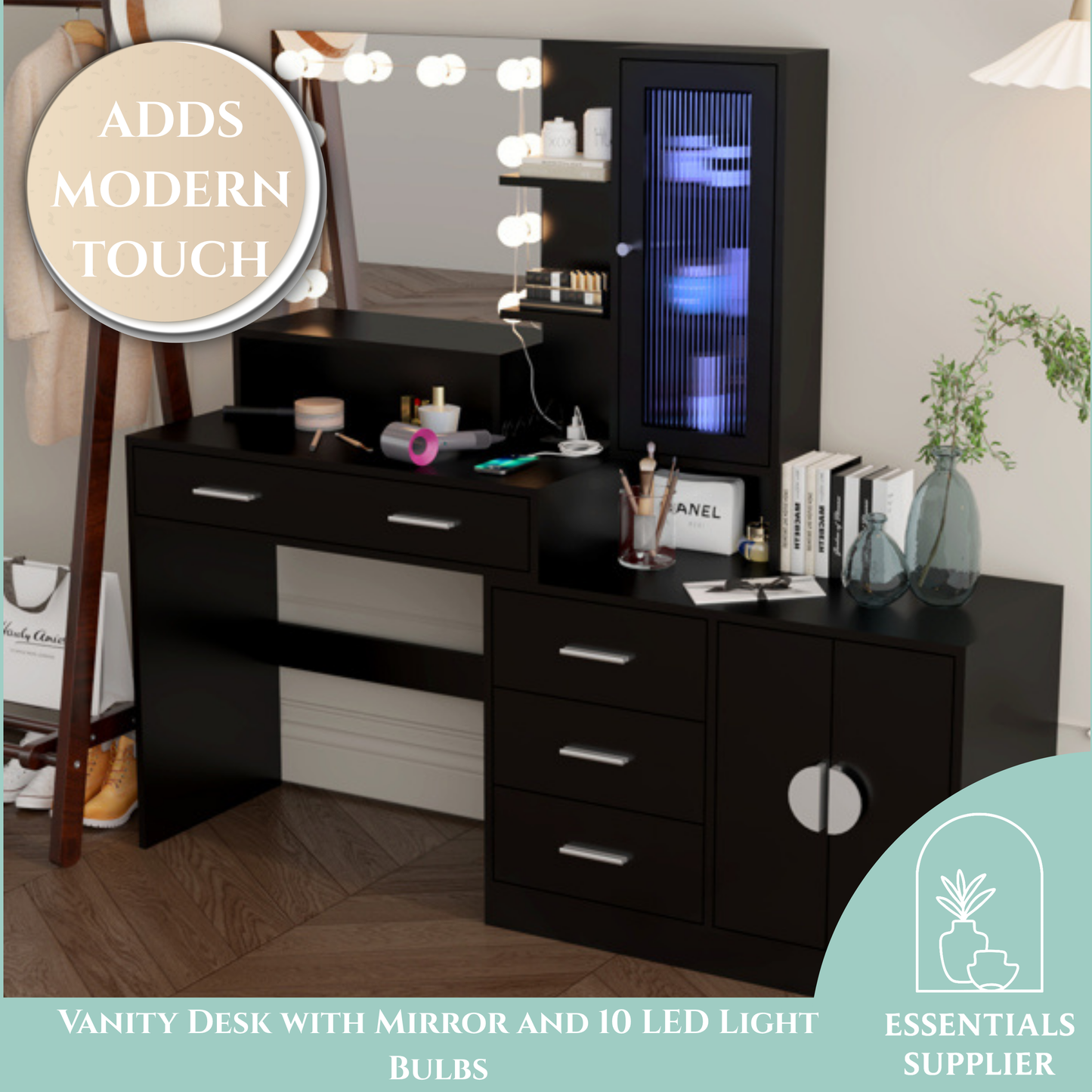 Large Vanity Table with Mirror, LED Lights, Drawers & Charging Station