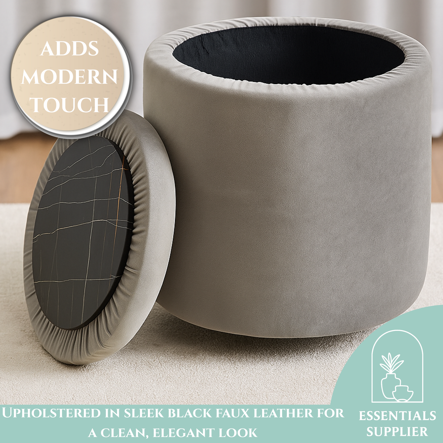 Velvet Grey Round Storage Ottoman with Removable Lid