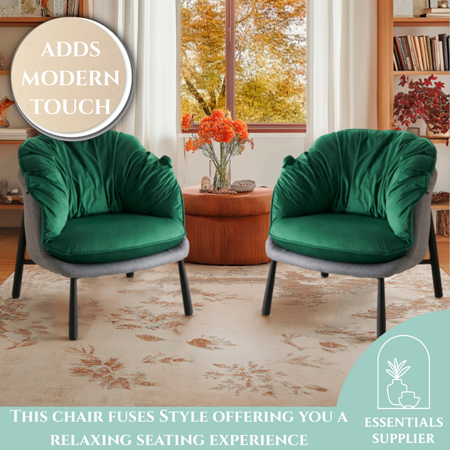 Modern Velvet Barrel Accent Chair with Metal Legs – Green Armchair