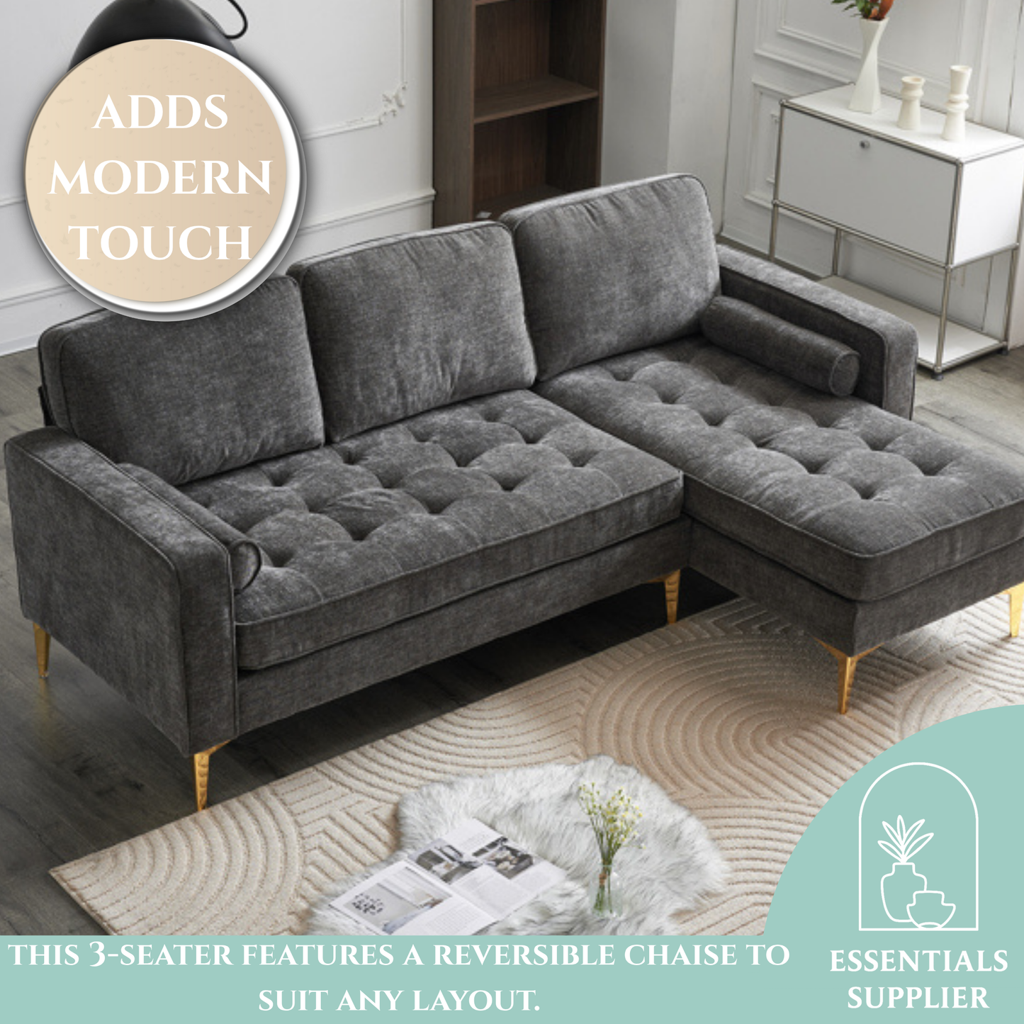 3-Seater Chenille Modular Sofa with Footstool, Gold Legs – Dark Gray