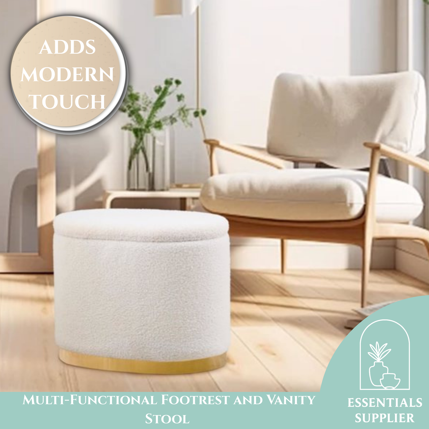 Round Storage Ottoman with Flip-Top Lid – White Upholstered Stool