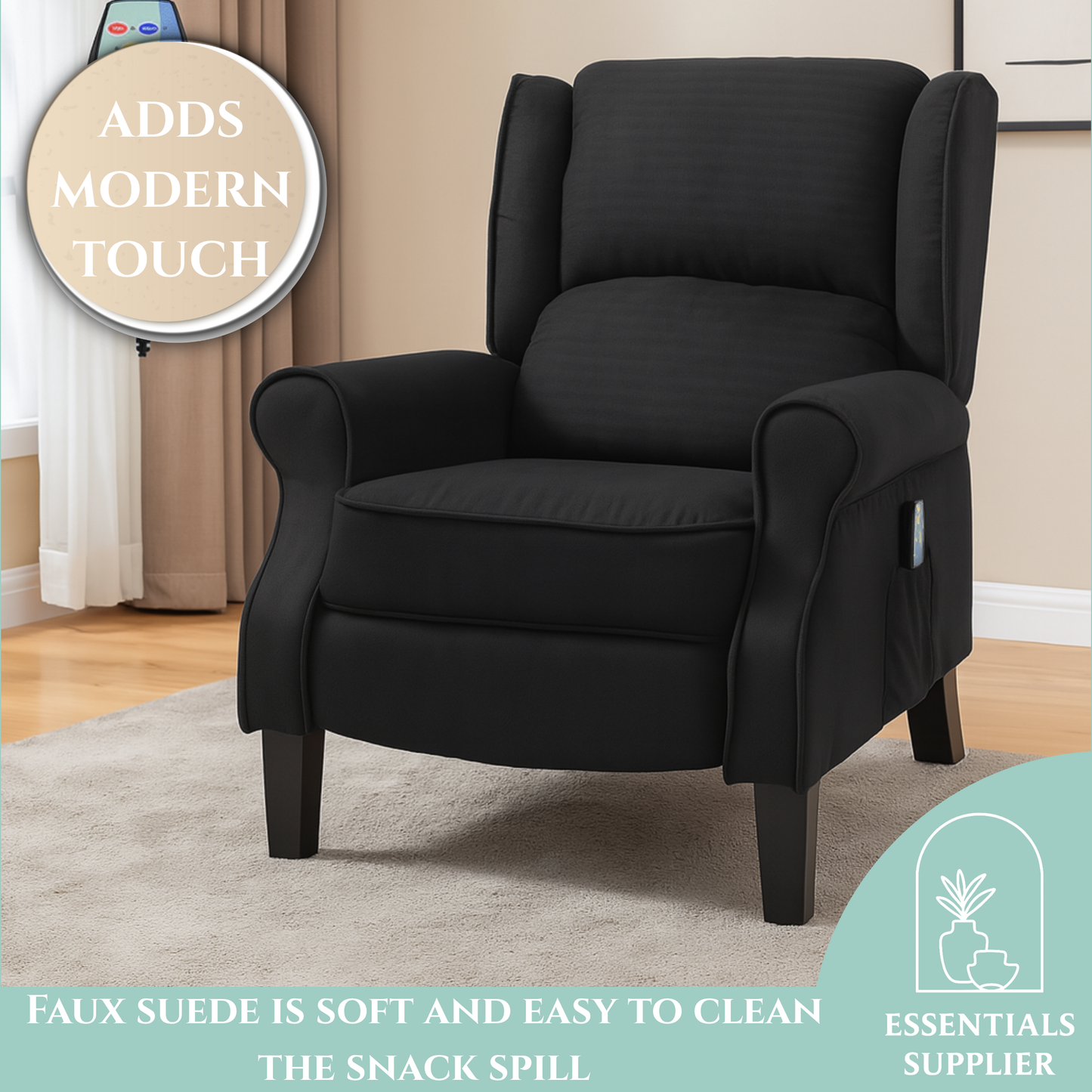 Heated Massage Recliner Chair with Lumbar Support – Manual Pushback, Black