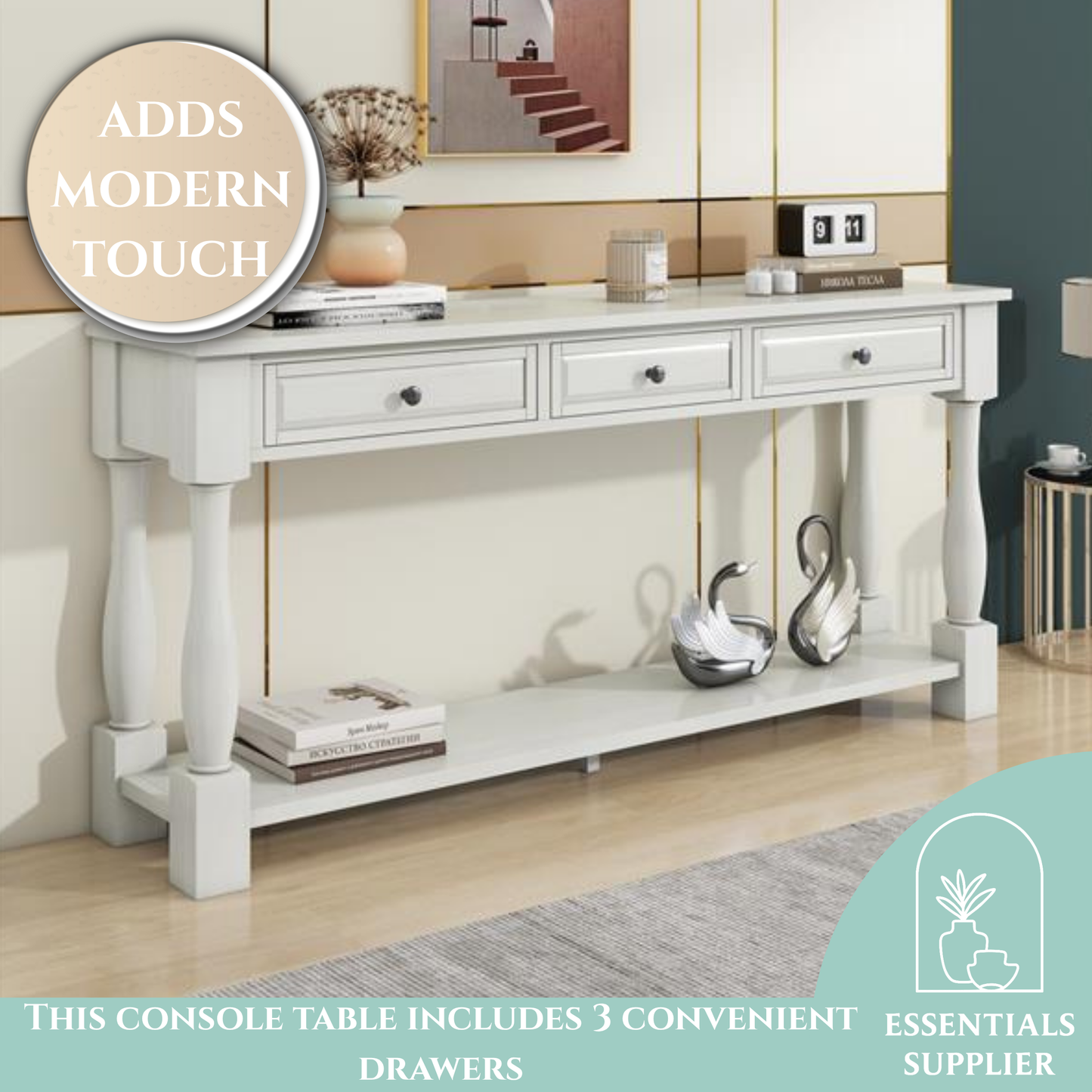 63" White Console Table with Drawers & Shelf for Entryway, Hallway, Living Room