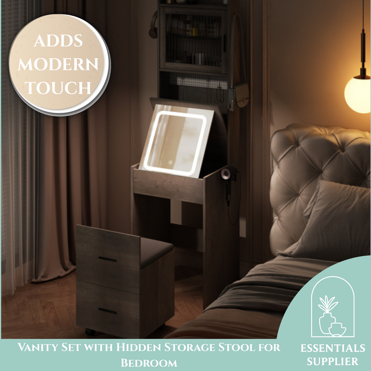 Compact Vanity Desk with Mirror, LED Lights, Charging Station & Stool, White