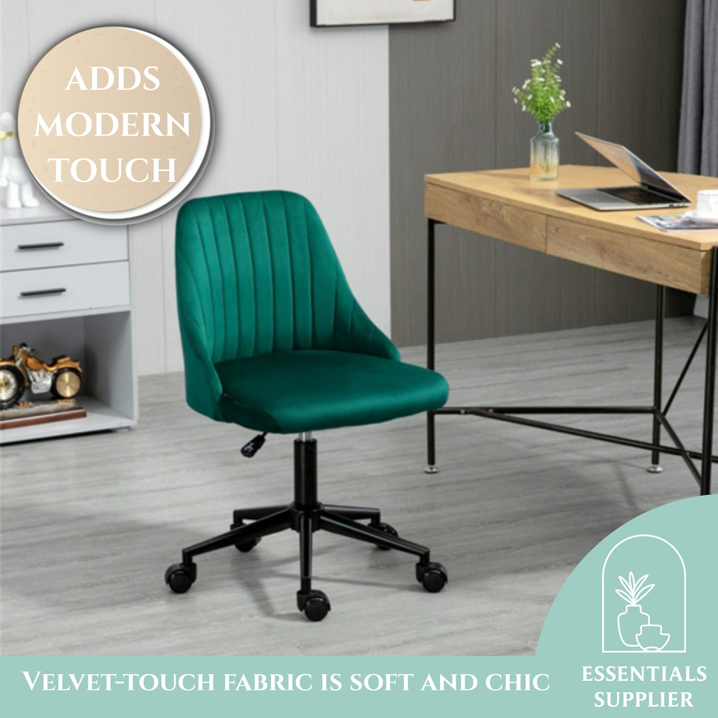 Green Velvet Scallop Swivel Office Chair – Adjustable Height & Chic Design