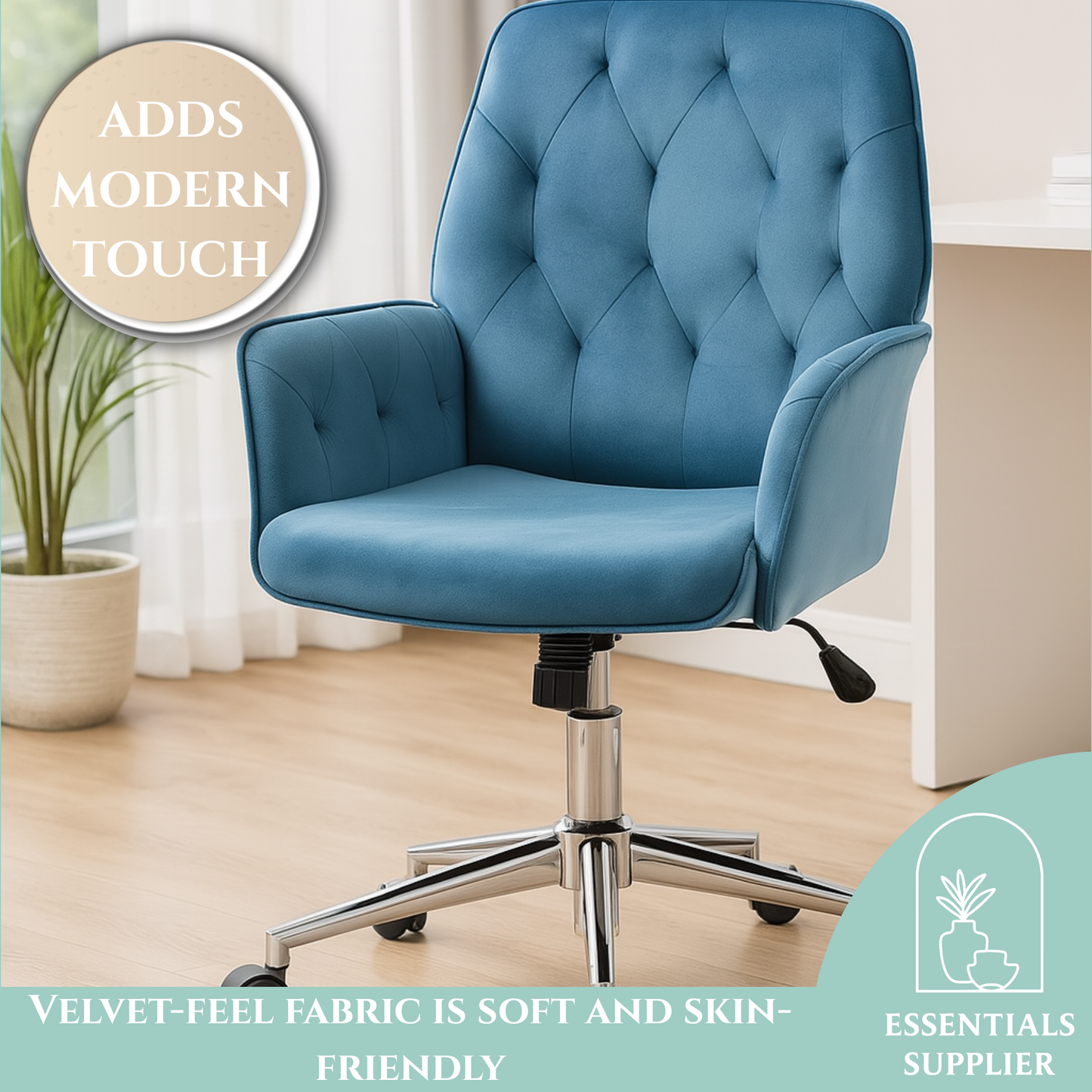 Blue Velvet Office Chair – Adjustable Height with Rocking Back & Armrests