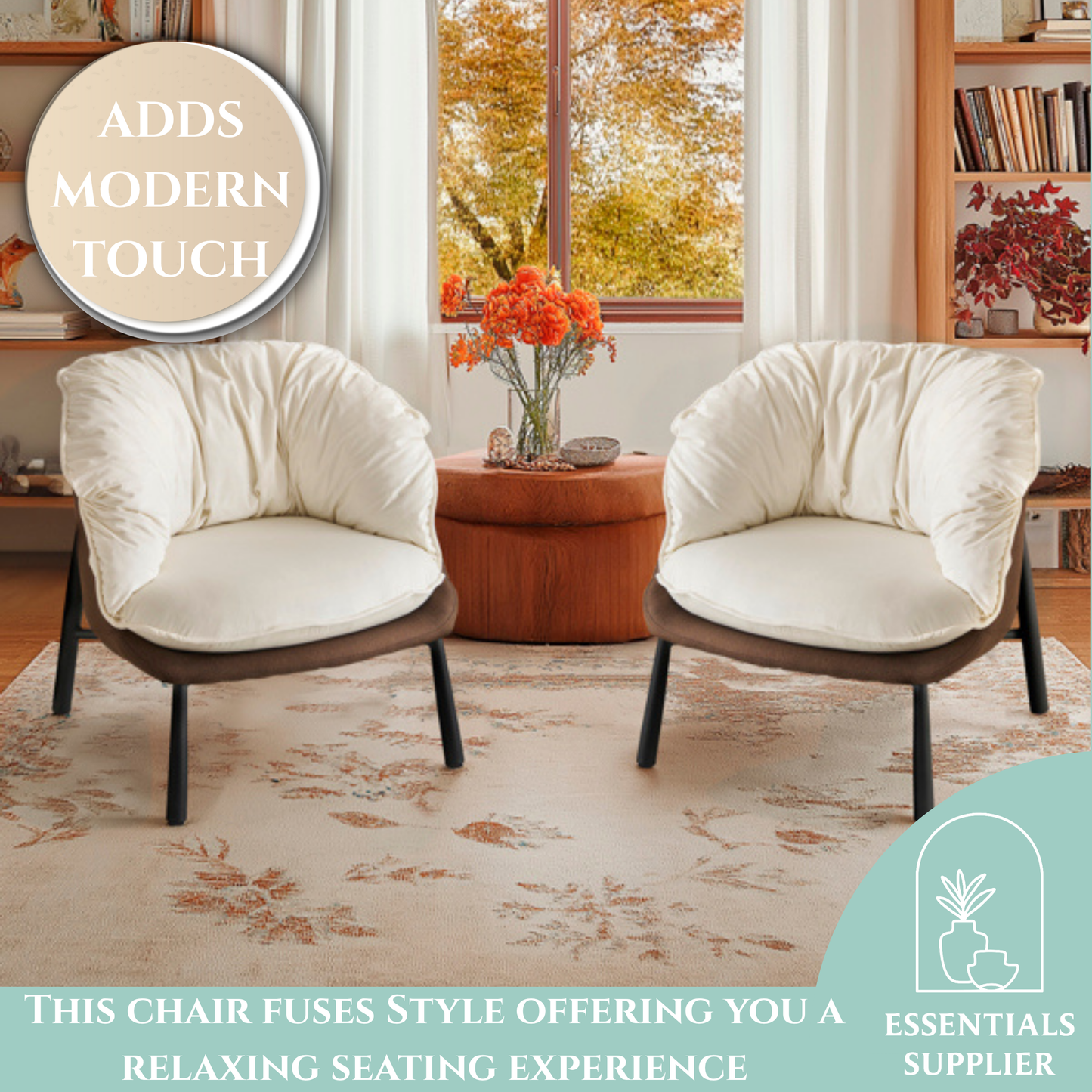 Modern Velvet Barrel Accent Chair with Metal Legs – Off-White Armchair