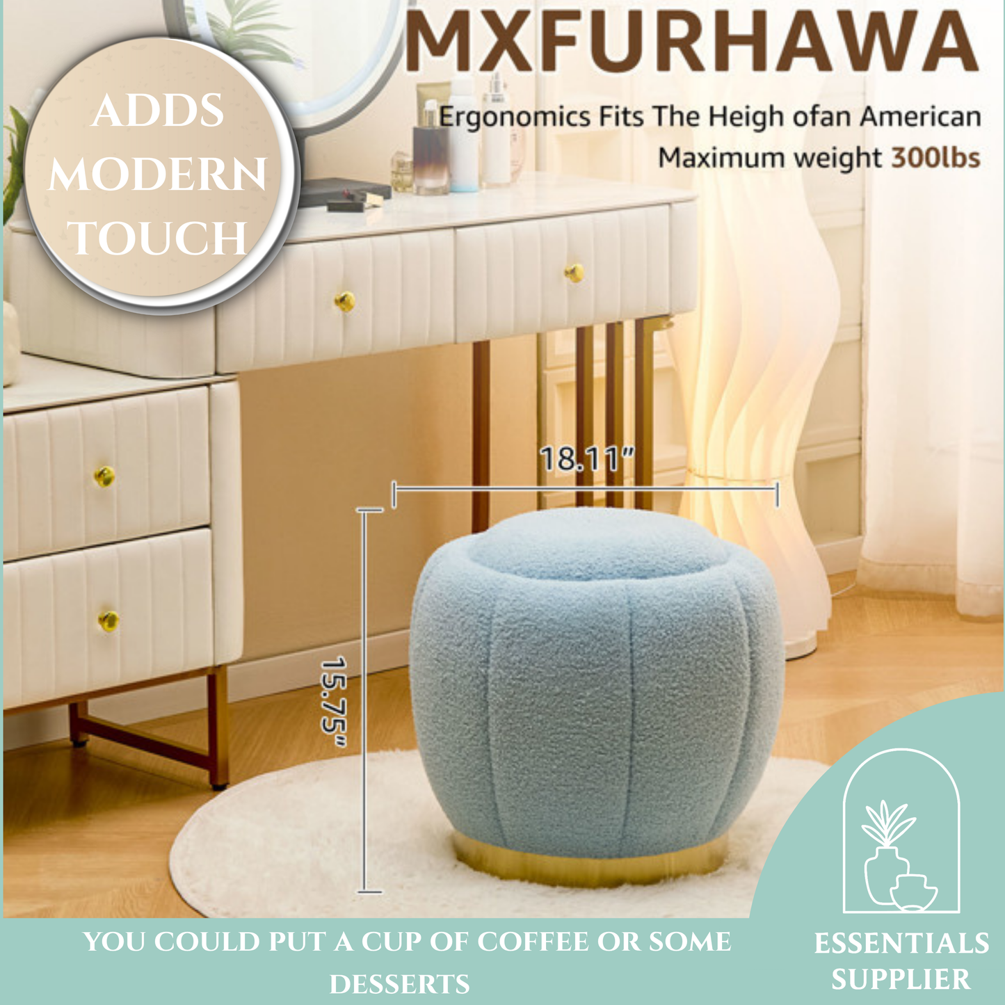Modern Round Storage Ottoman Footrest with Soft Seat, Velvet Stool Accent, Blue