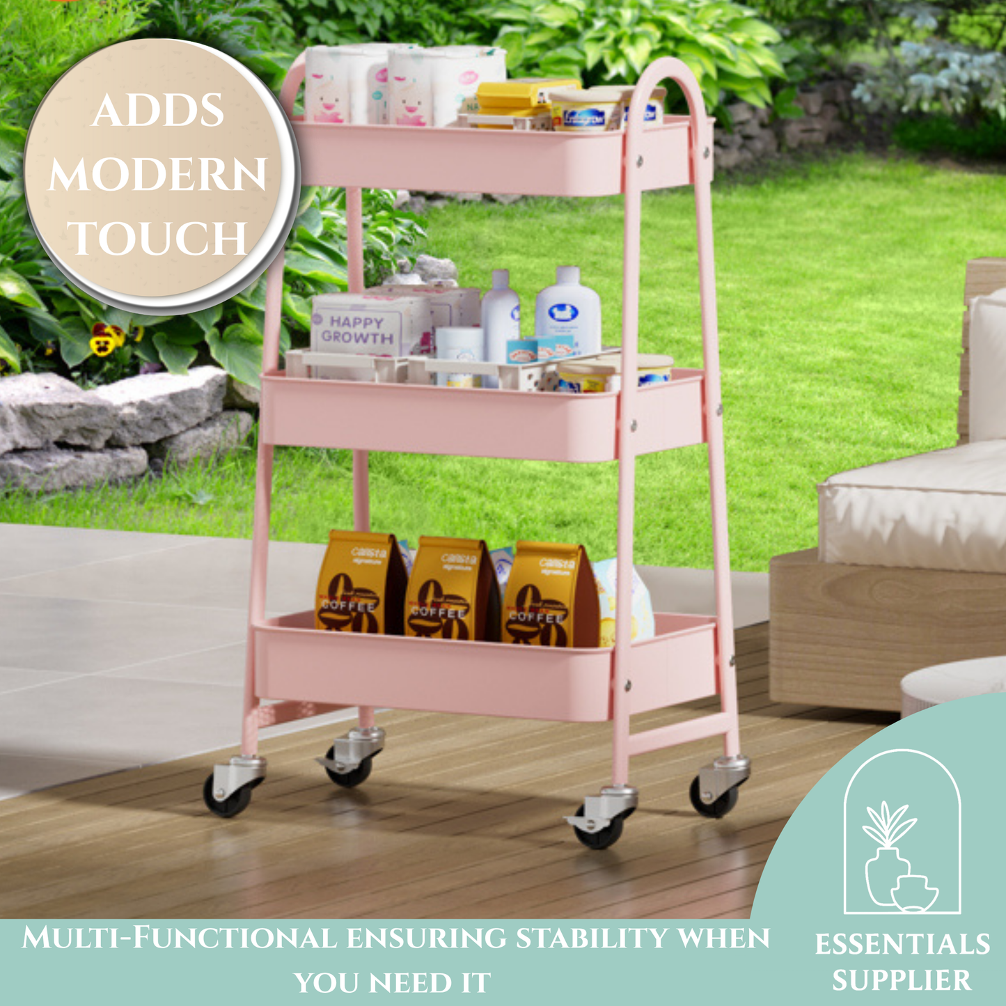 3-Tier Rolling Metal Utility Cart – Storage Organizer for Home & Office