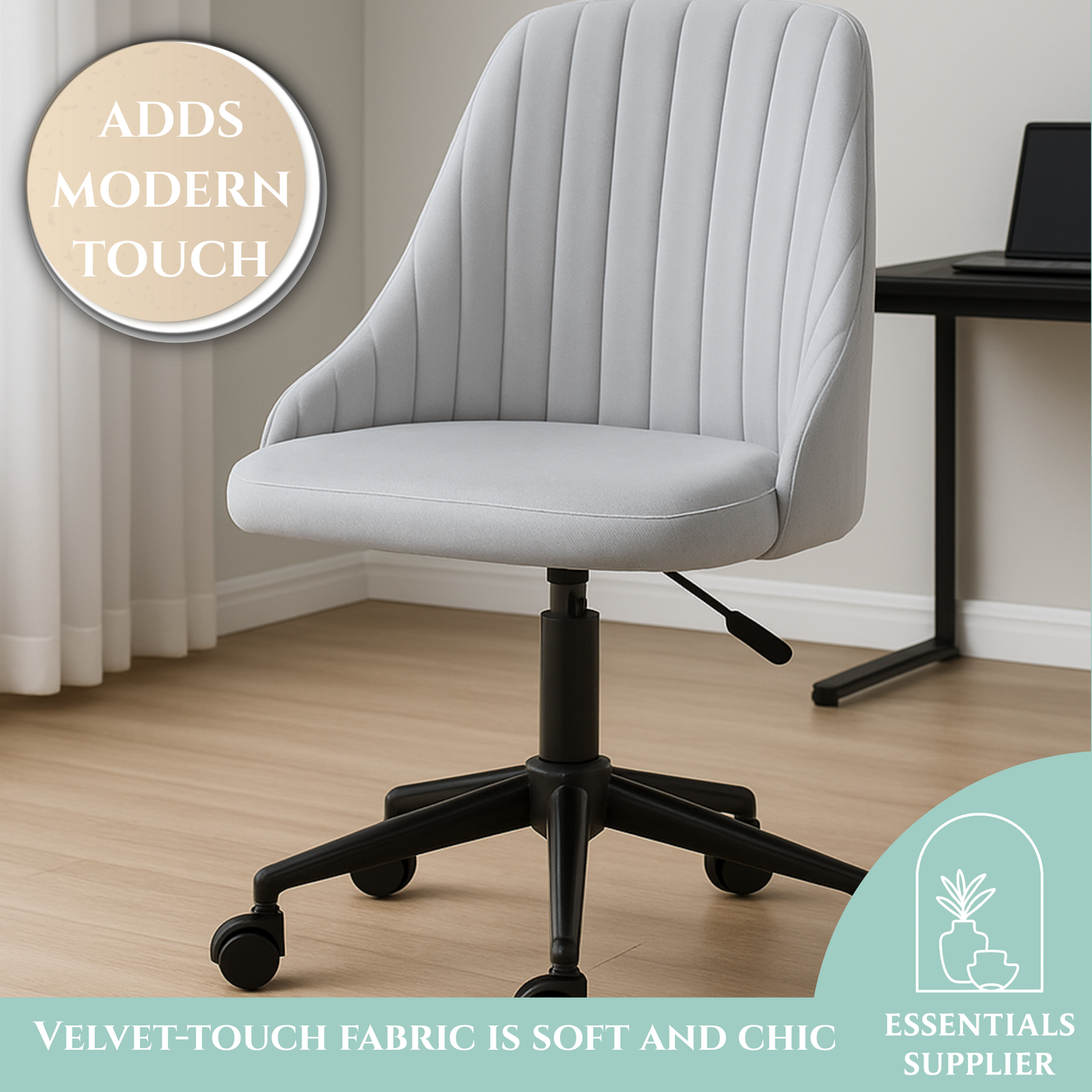 Grey Velvet Scallop Swivel Office Chair – Adjustable Height & Chic Design