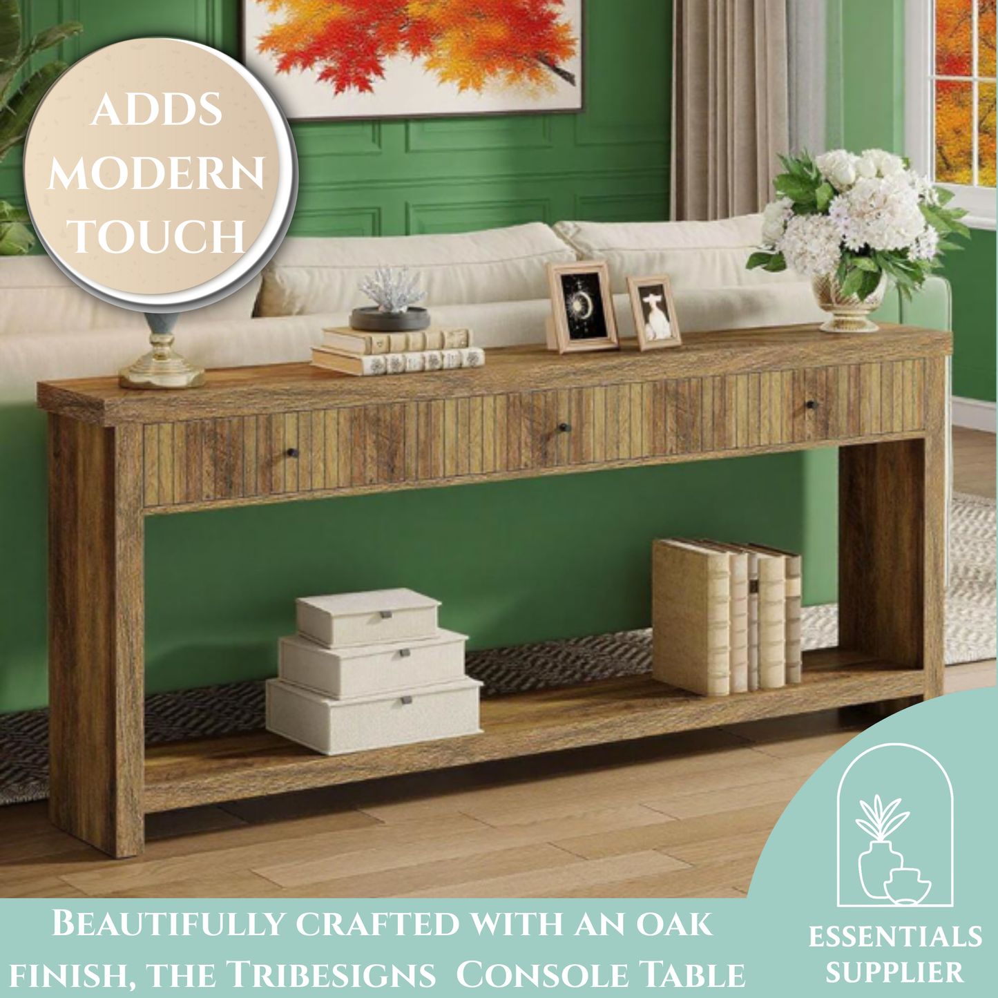 71" Oak Long Console Table – Fluted Drawers & Open Shelf Storage by Tribesigns