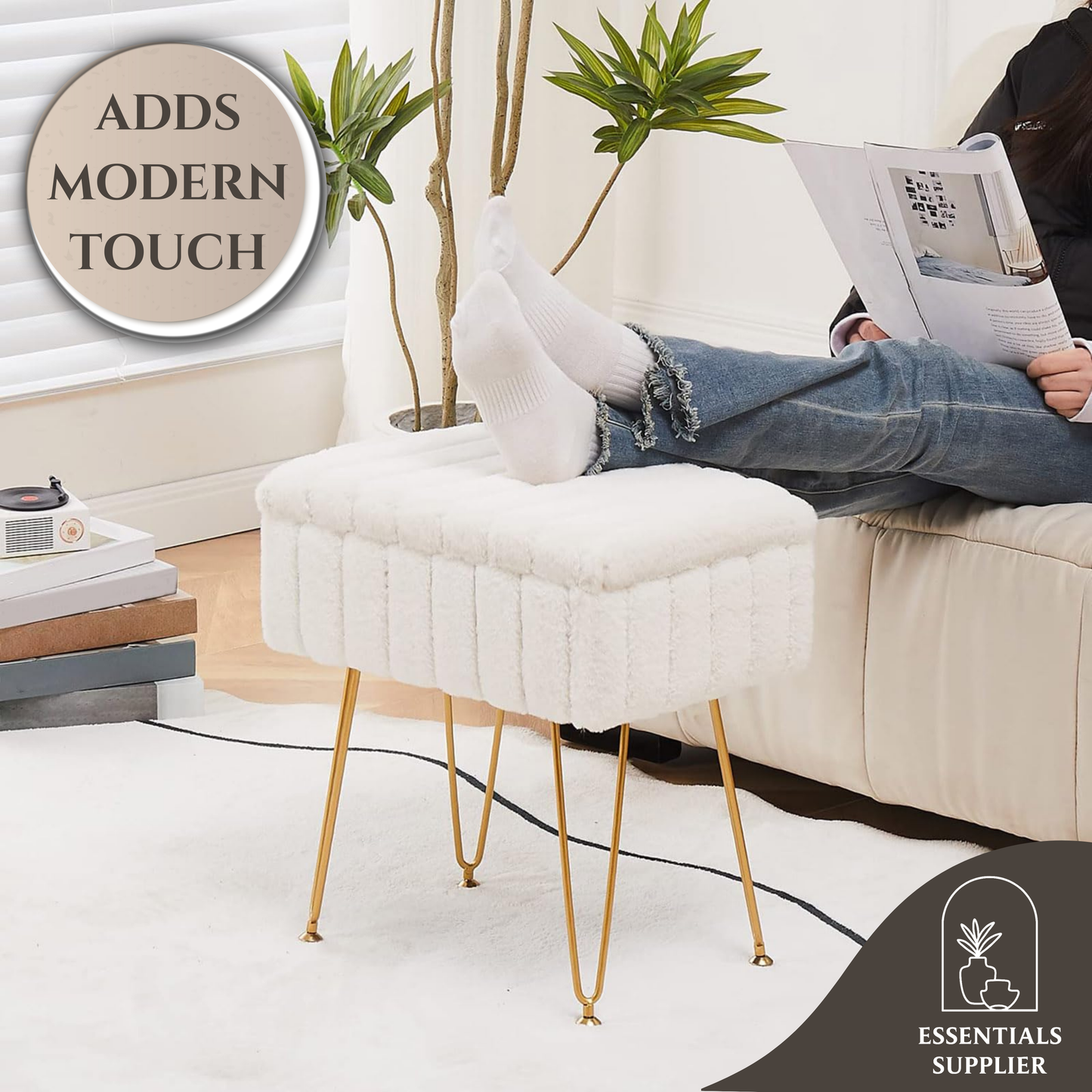 Faux Fur Ottoman with Storage – Vanity Stool & Footrest for Bedroom, Cream