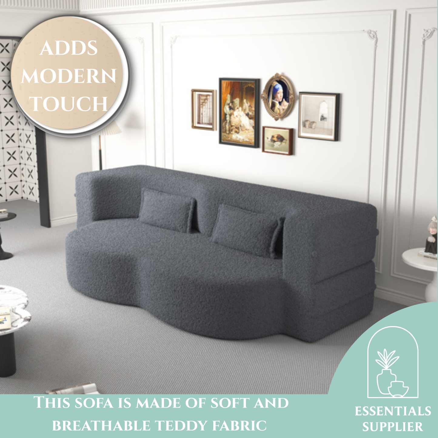 Modern Grey Teddy Fabric Floor Sofa Bed with 2 Pillows – Convertible & Space-Saving