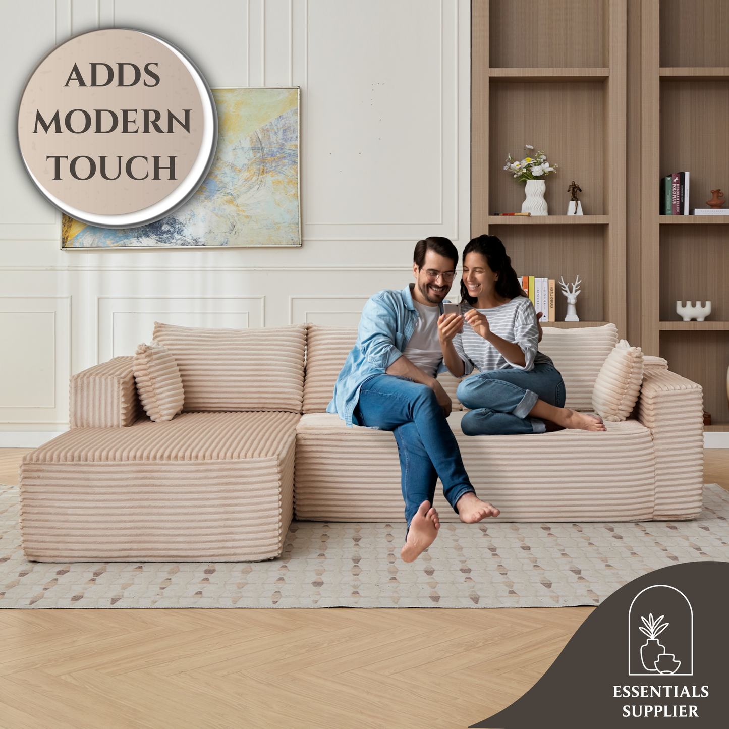 Modular L-Shaped Corduroy Sectional Sofa with Chaise – Beige