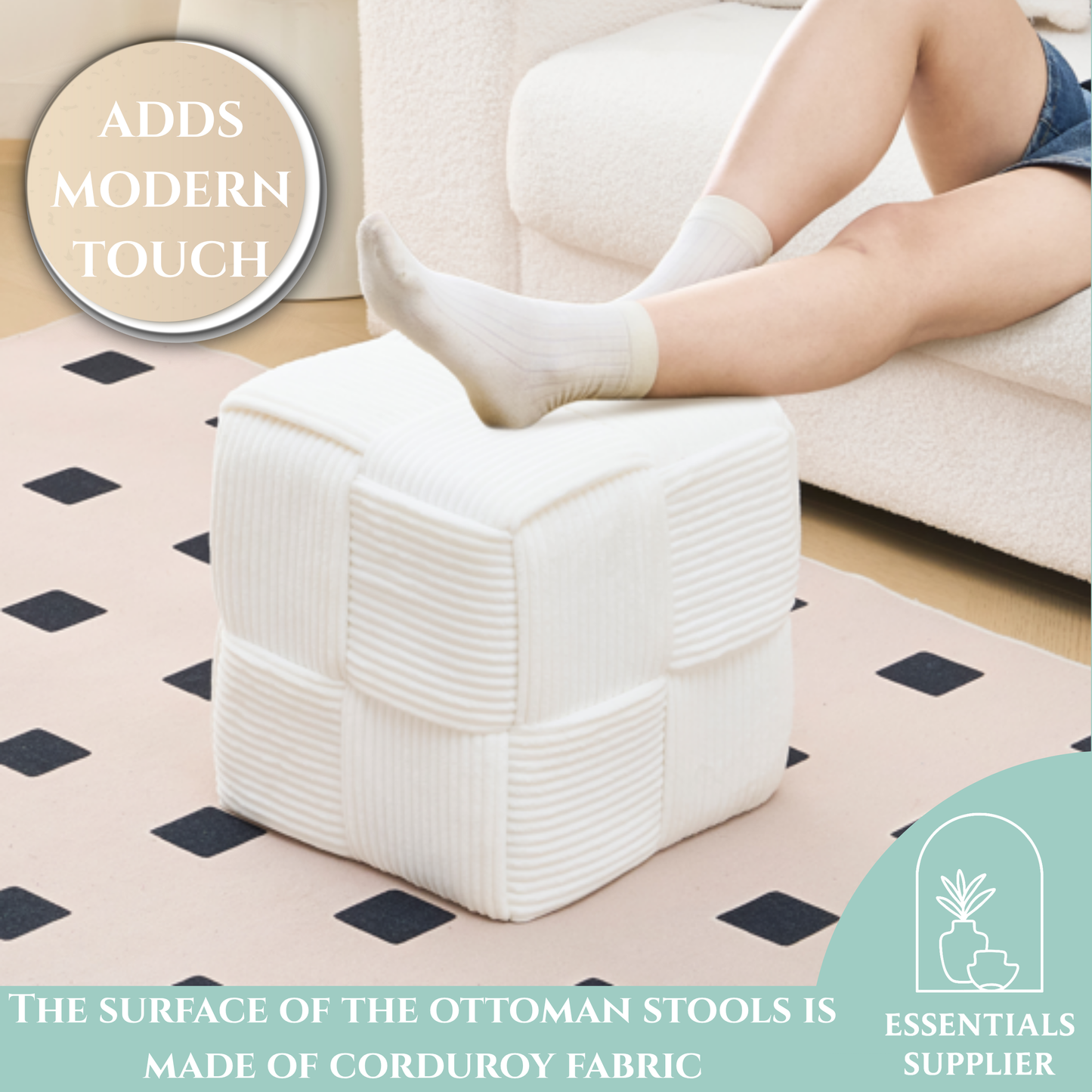 White Corduroy Ottoman Vanity Stool – Square Footrest for Bedroom & Entryway