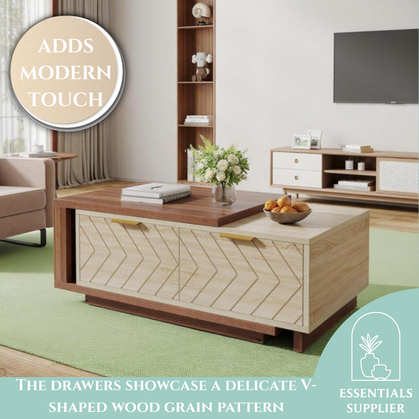 Walnut & Oak Expandable Coffee Table – V-Groove Drawers + Brass Pulls