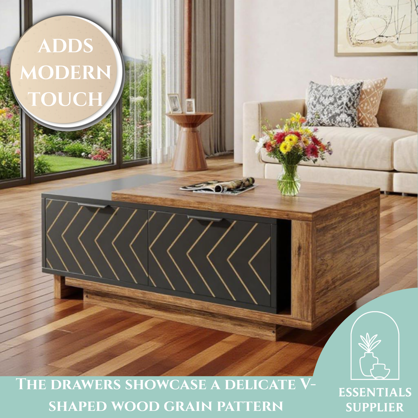 Expandable Dual-Tone Coffee Table – Walnut & Oak with Storage Drawers