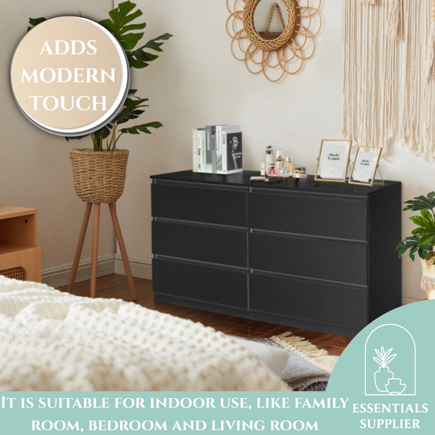 Black 6-Drawer Double Dresser – Wide Modern Storage Cabinet for Bedroom or Entryway