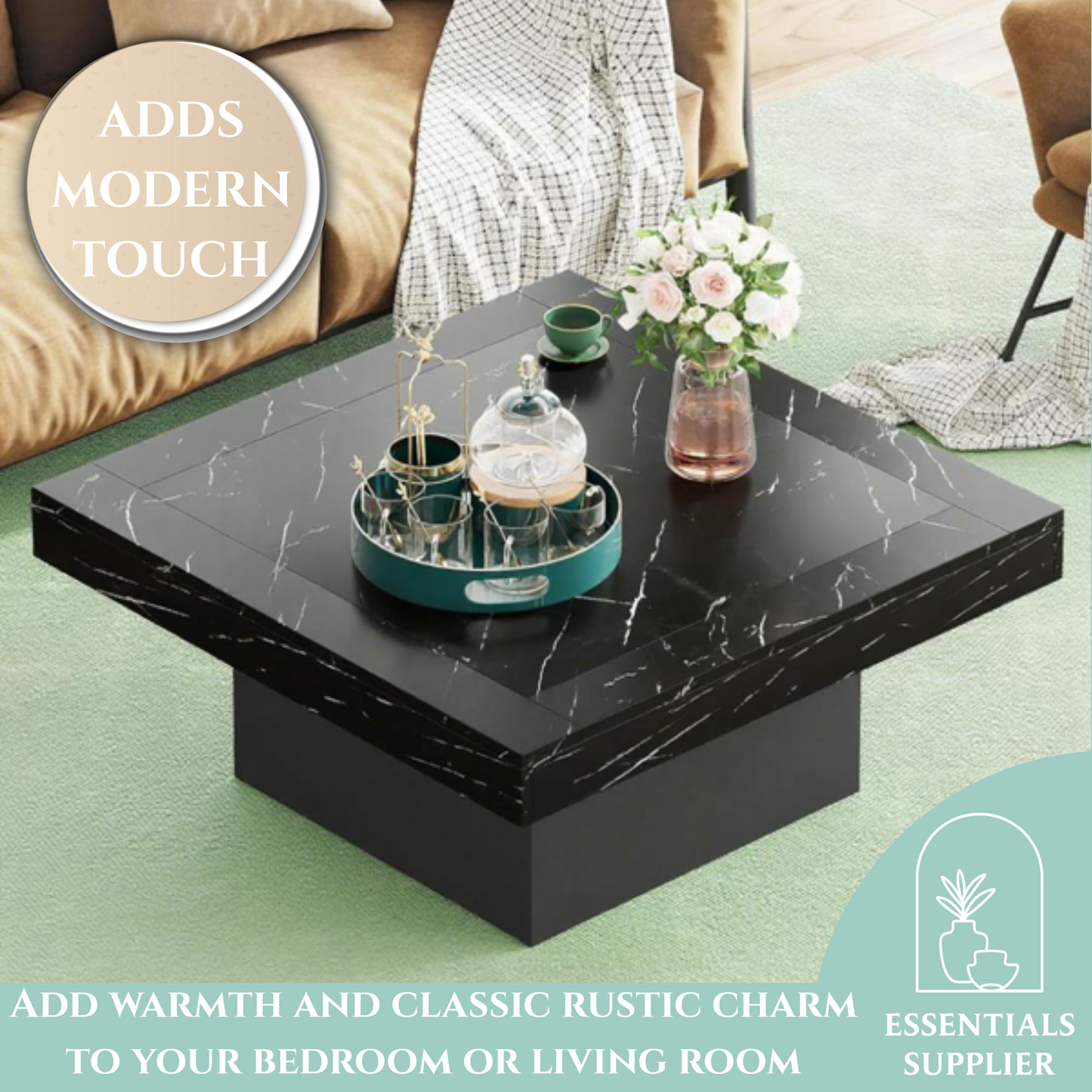 Rustic LED Coffee Table with Square Top & Modern Base – 35” Wood Accent