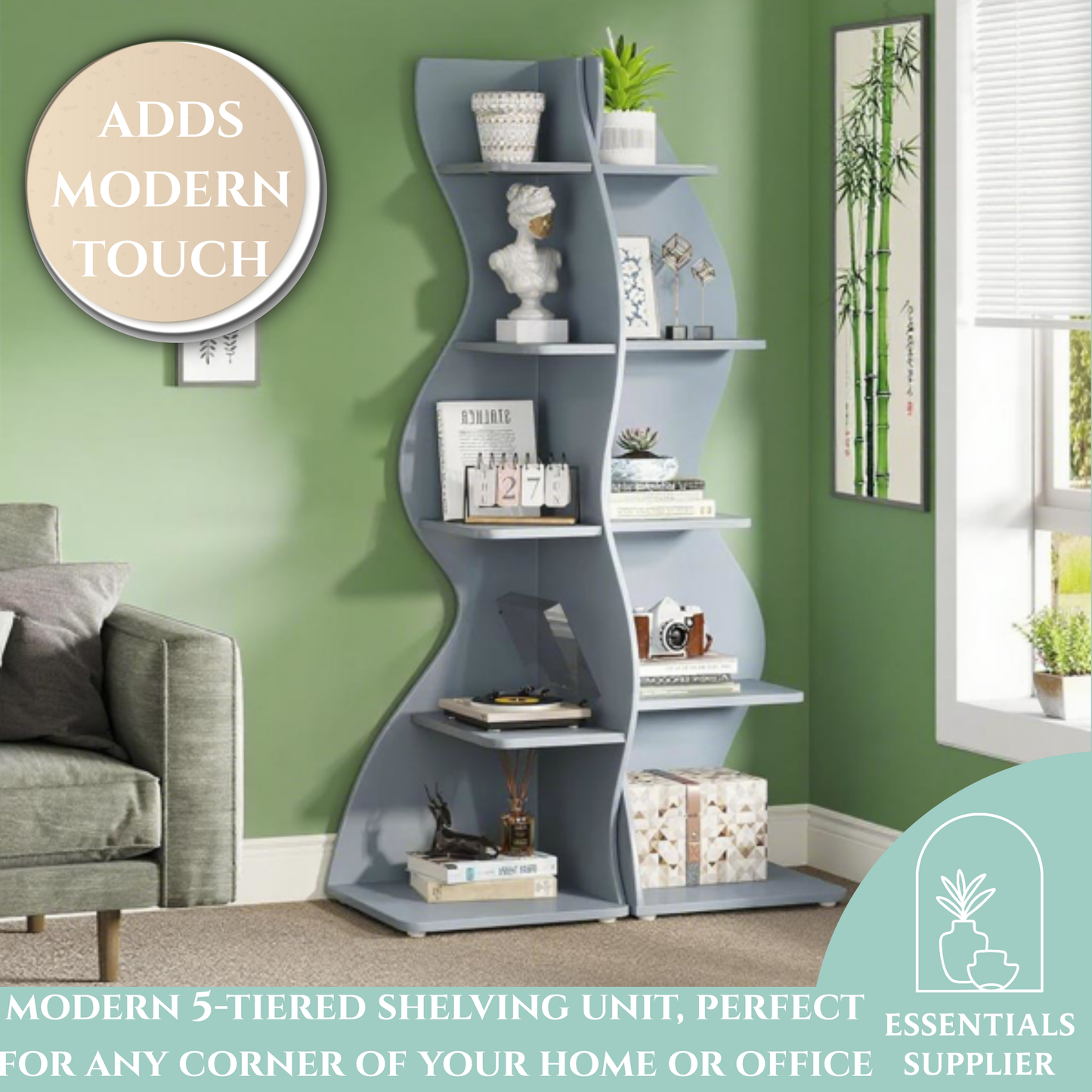 Bookcase Wavy 5-Tier Blue Corner Bookshelf – Modern Sculpted Storage Rack