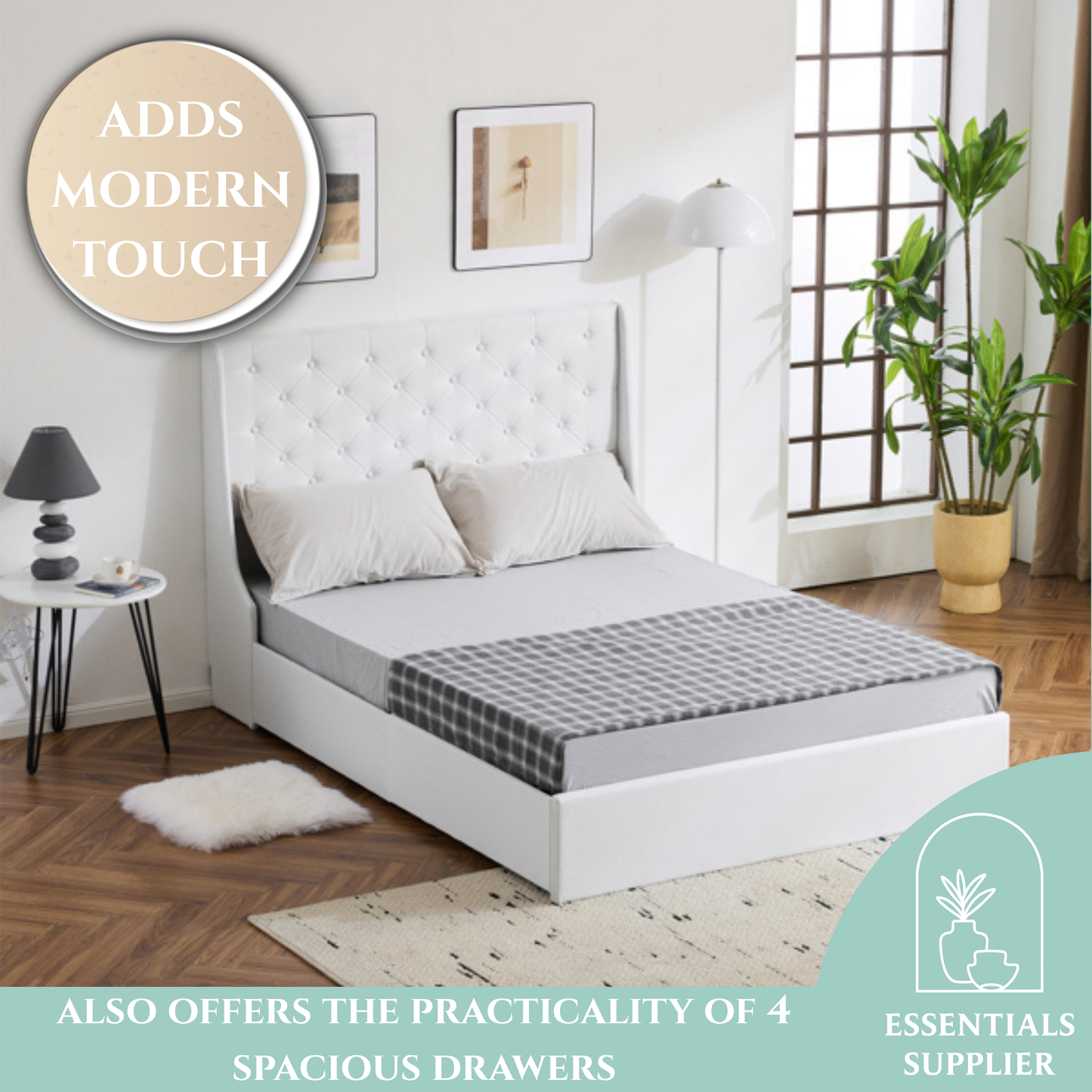 Queen Upholstered Storage Bed Frame with 4 Drawers & Wingback Tufted Headboard