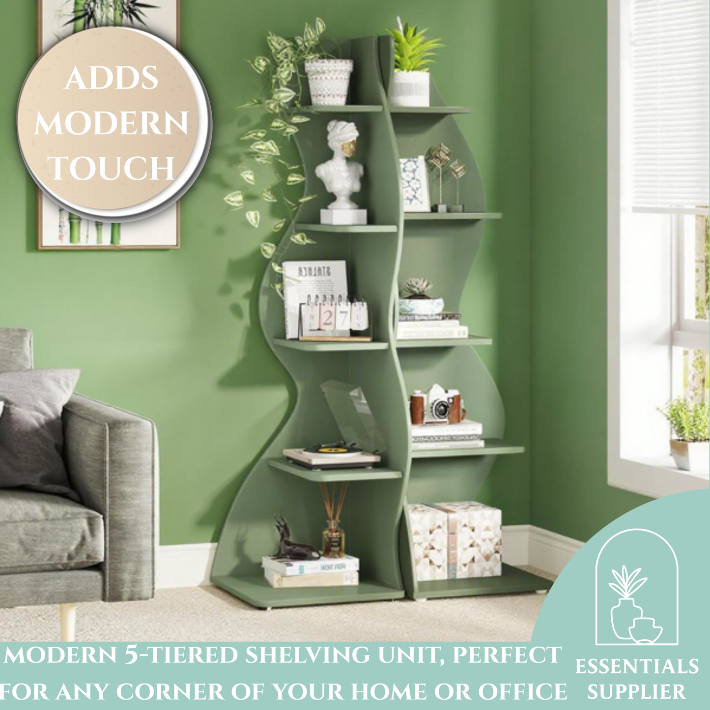 Bookcase Wavy 5-Tier Green Corner Bookshelf – Modern Sculpted Storage Rack