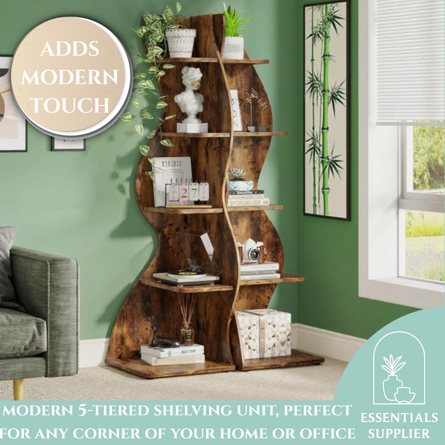Brown Wavy 5-Tier Corner Bookshelf – Modern Sculpted Bookcase Storage Rack