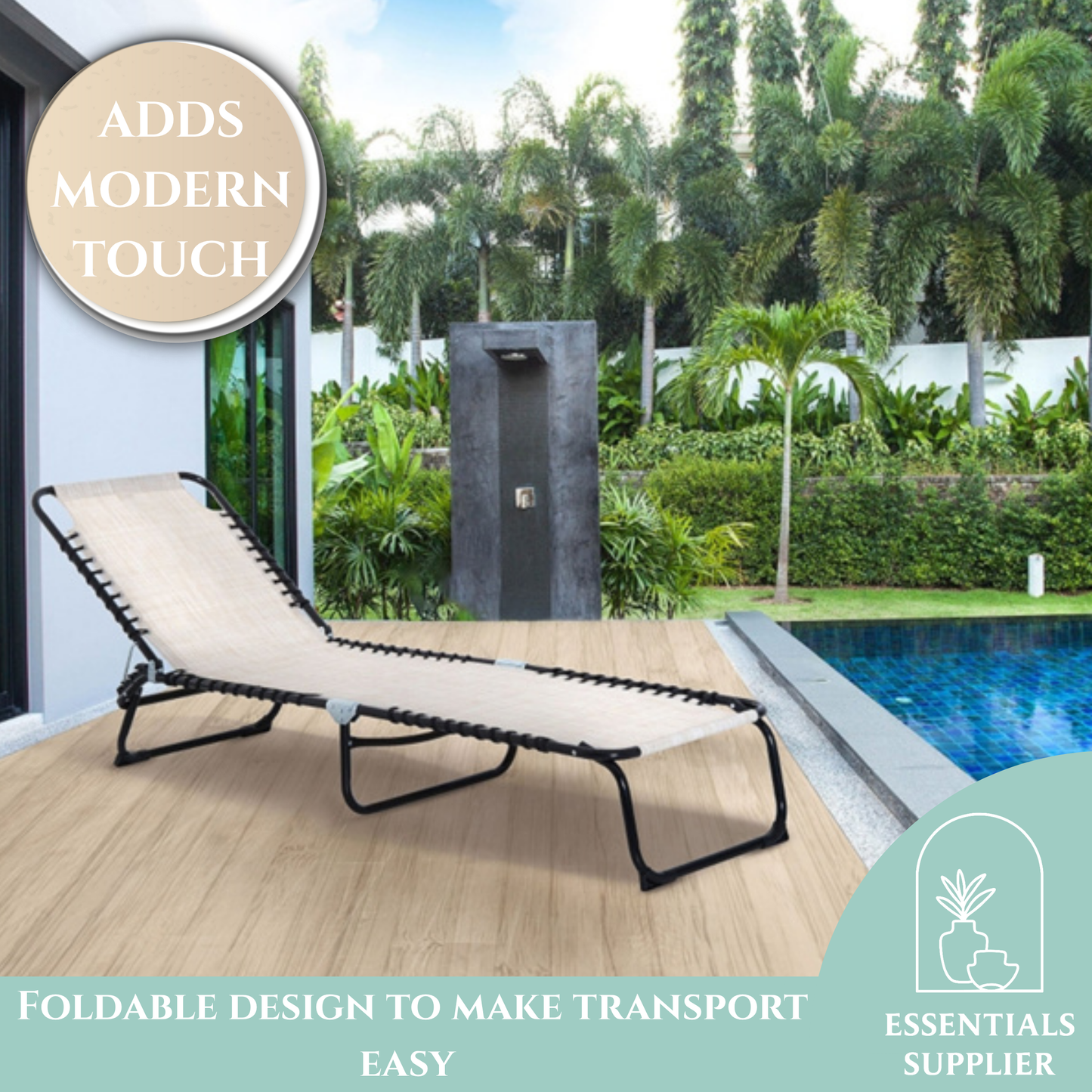 Cream White Reclining Foldable Lounge Chair with Pillow & Mesh Fabric