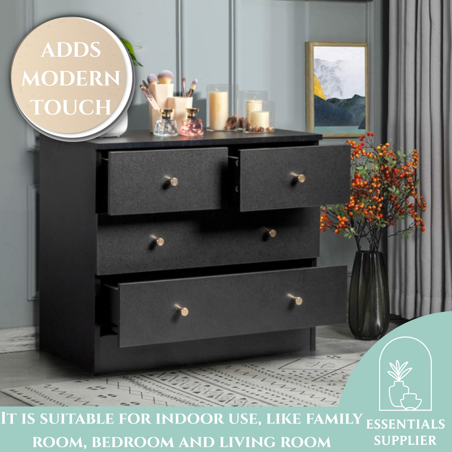 Modern Black 4-Drawer Dresser – Space-Saving Storage Cabinet for Bedroom or Living Room