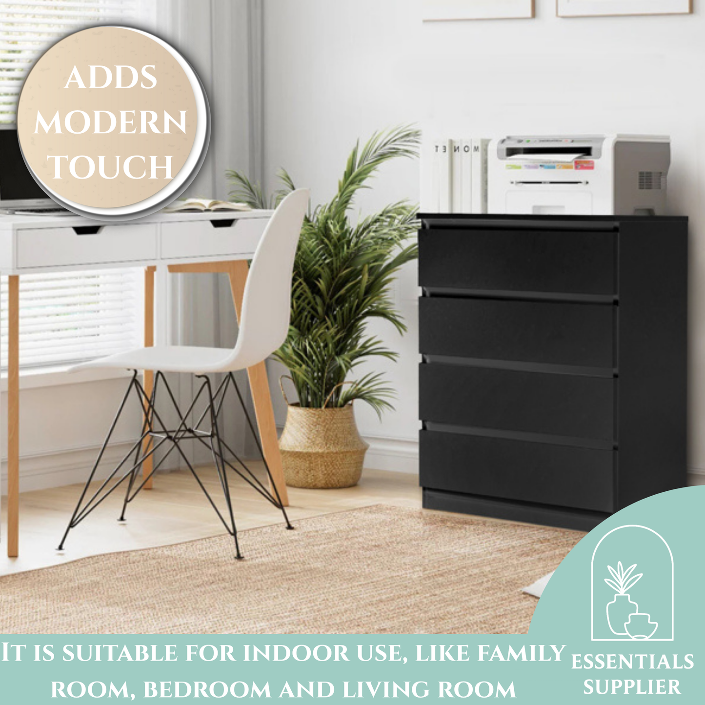 Black Wood 4-Drawer Dresser – Modern Storage Cabinet
