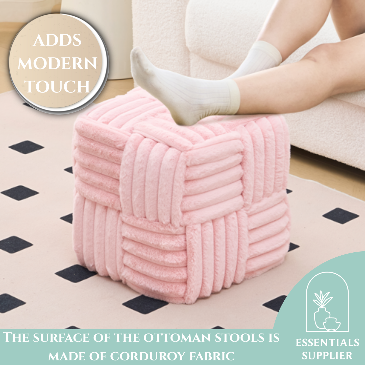 Pink Corduroy Ottoman Vanity Stool – Square Footrest for Bedroom & Entryway