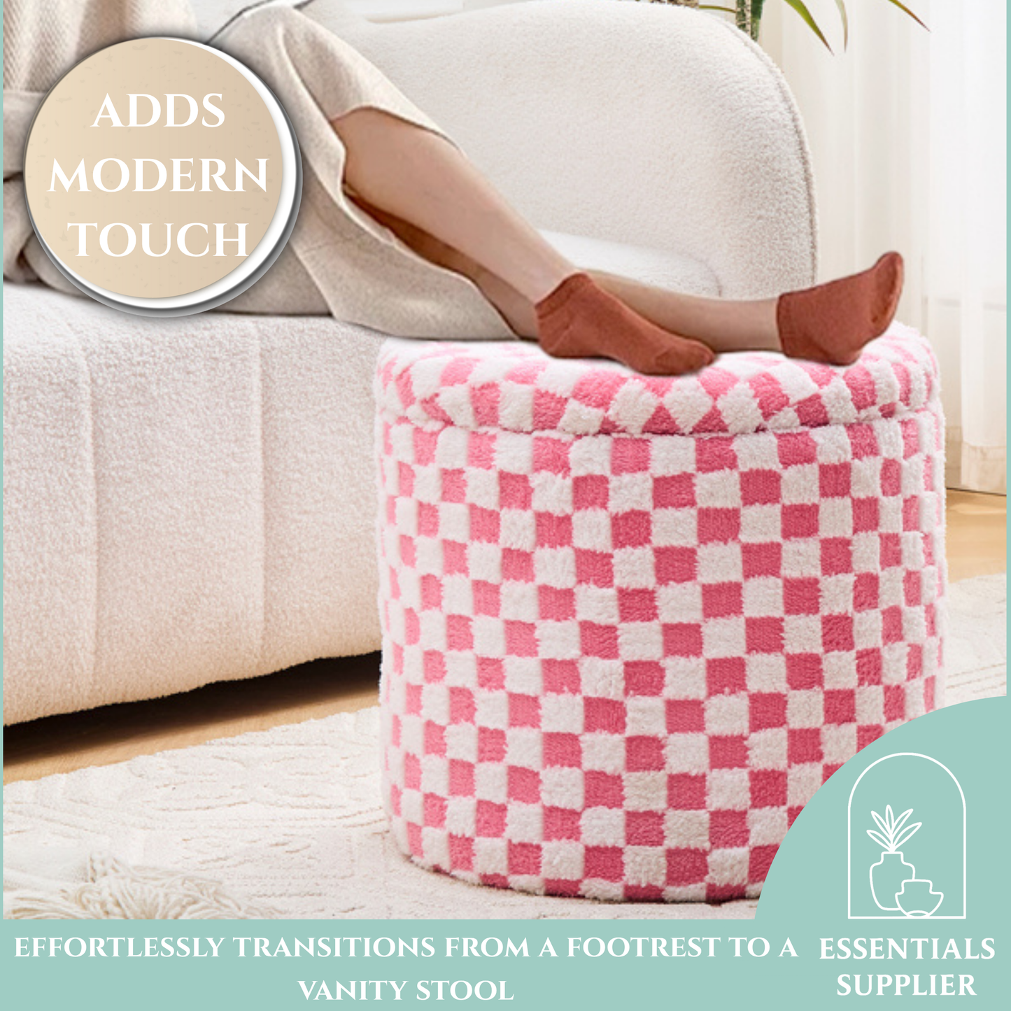 Round Pink Faux Fur Ottoman with Storage – Footrest for Bedroom or Vanity
