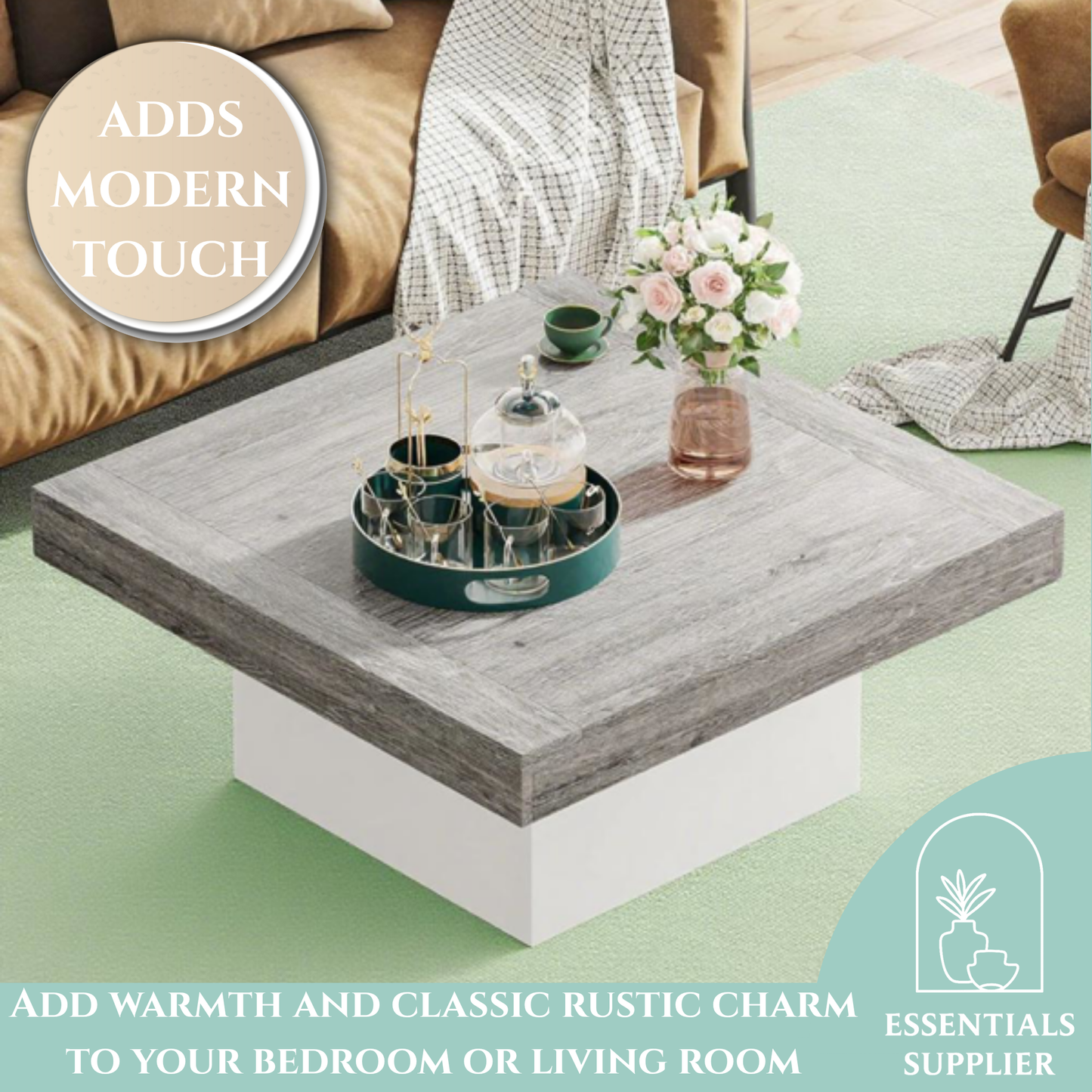 Rustic LED Coffee Table – 35" Square Farmhouse Style with Storage & Lights